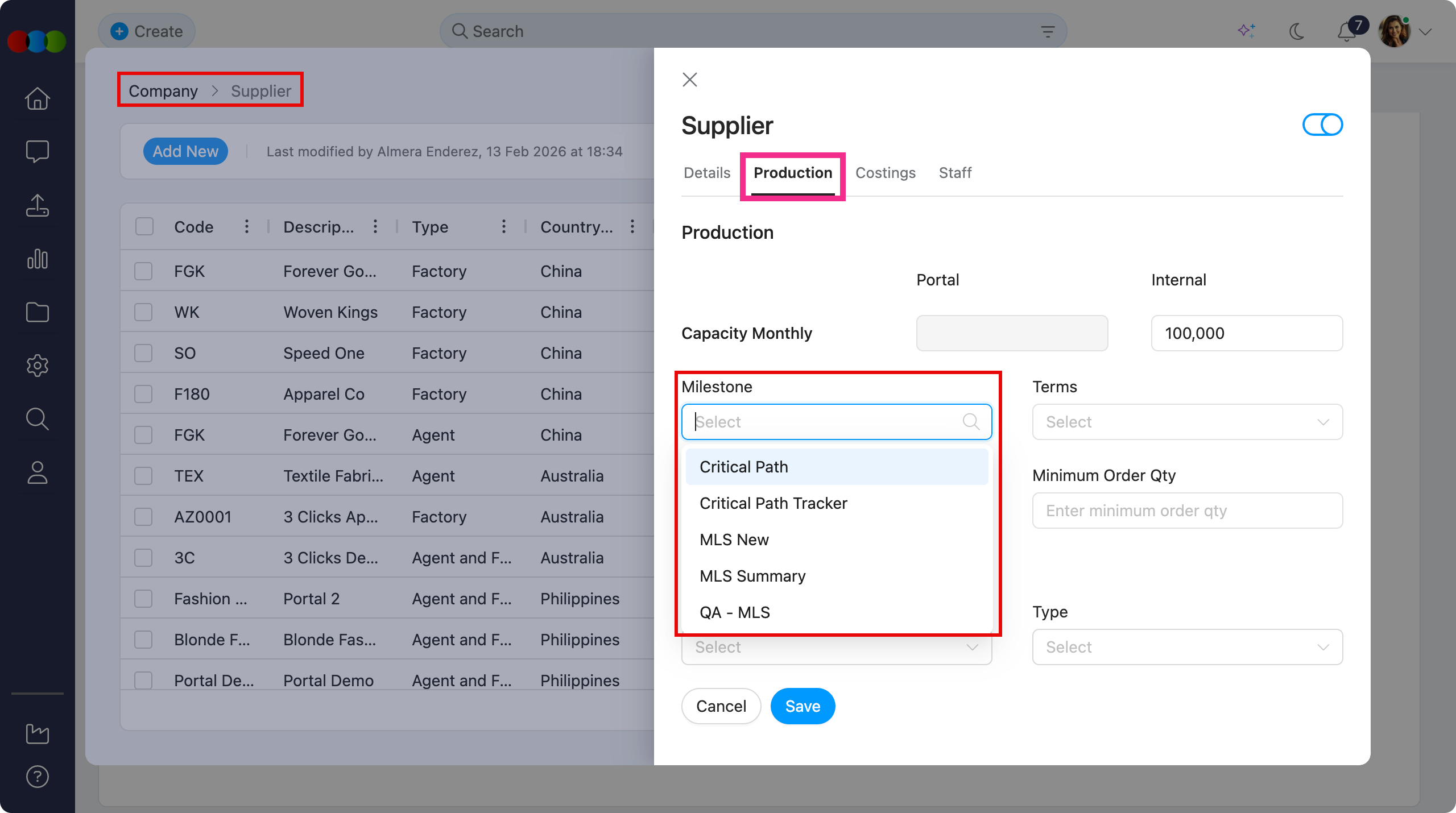 Site Settings > Company > Suppliers > Production > Milestone