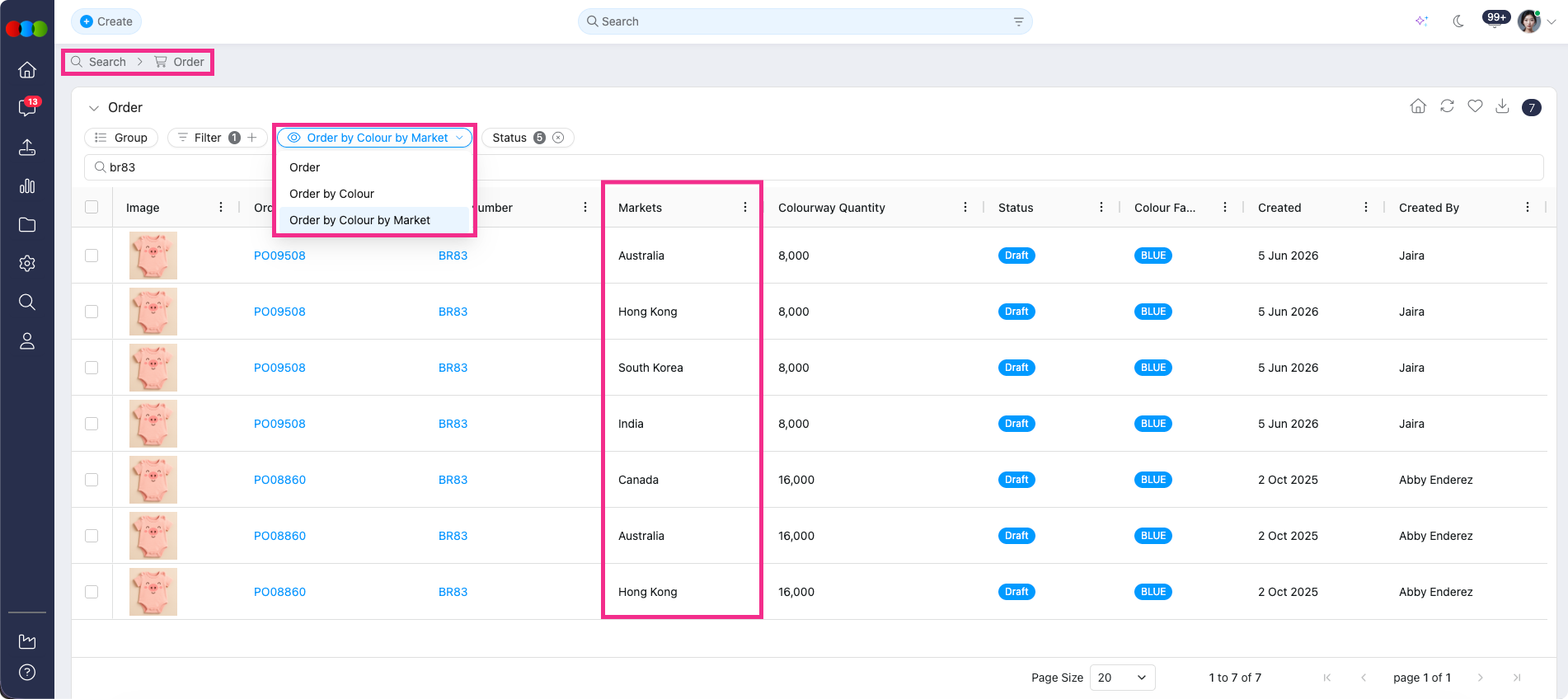 Order Search > Order by Colour by Market view