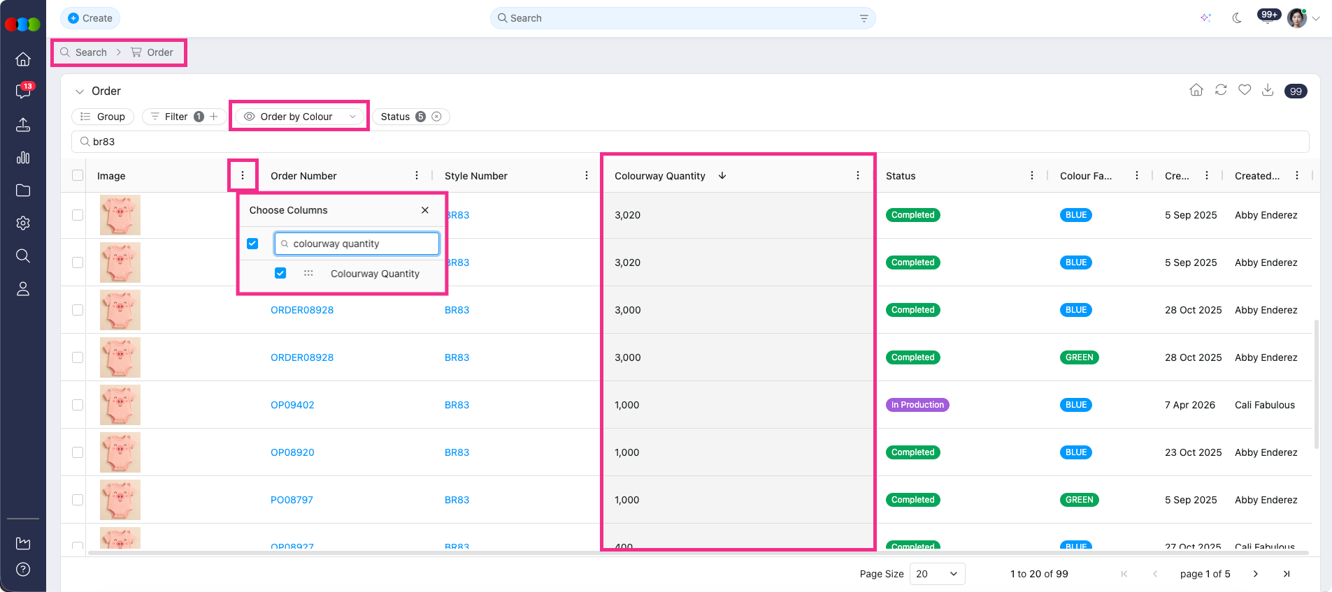 Order Search > Order by Colour view > Colourway Quantity column
