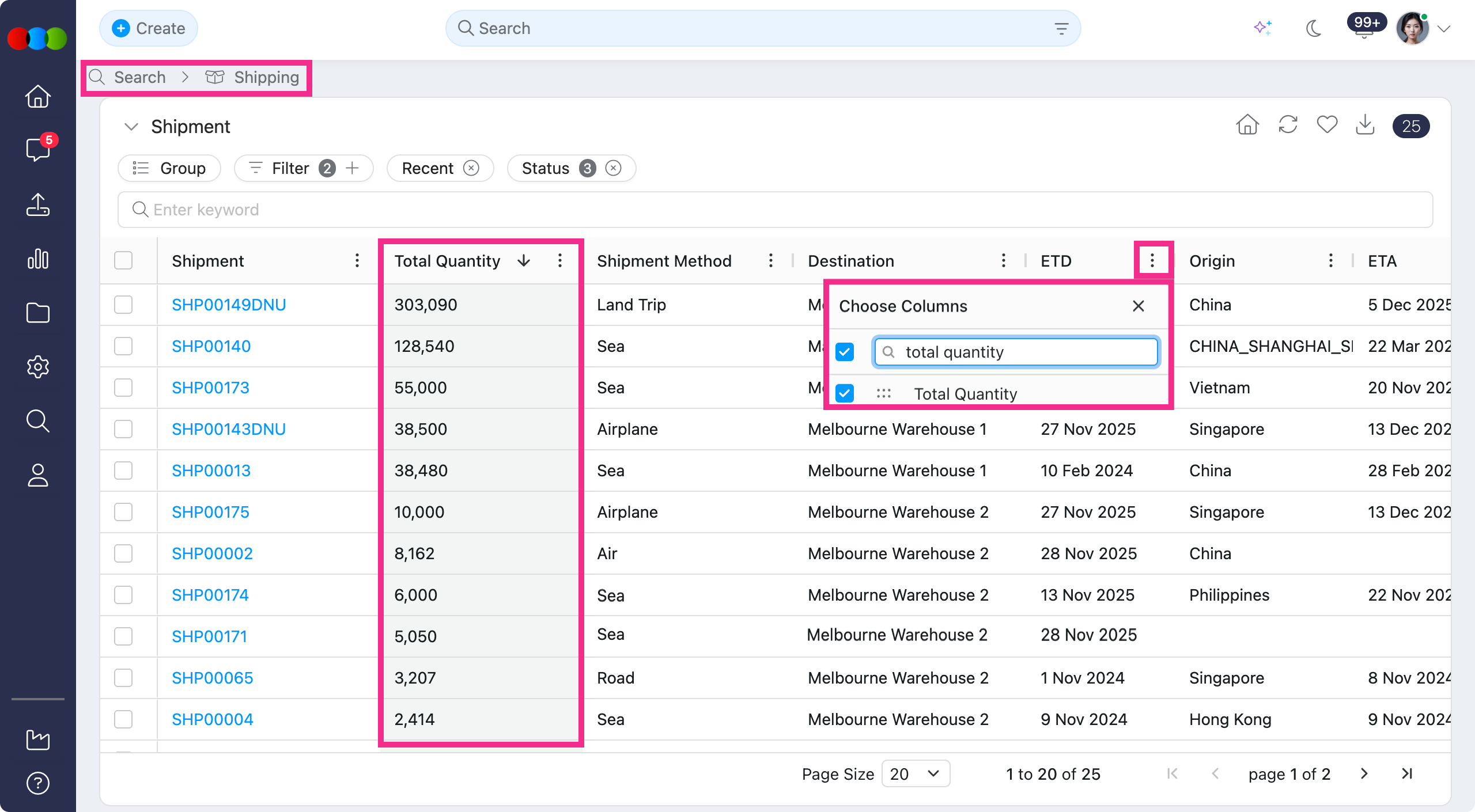 Search > Shipping > Total Quantity column