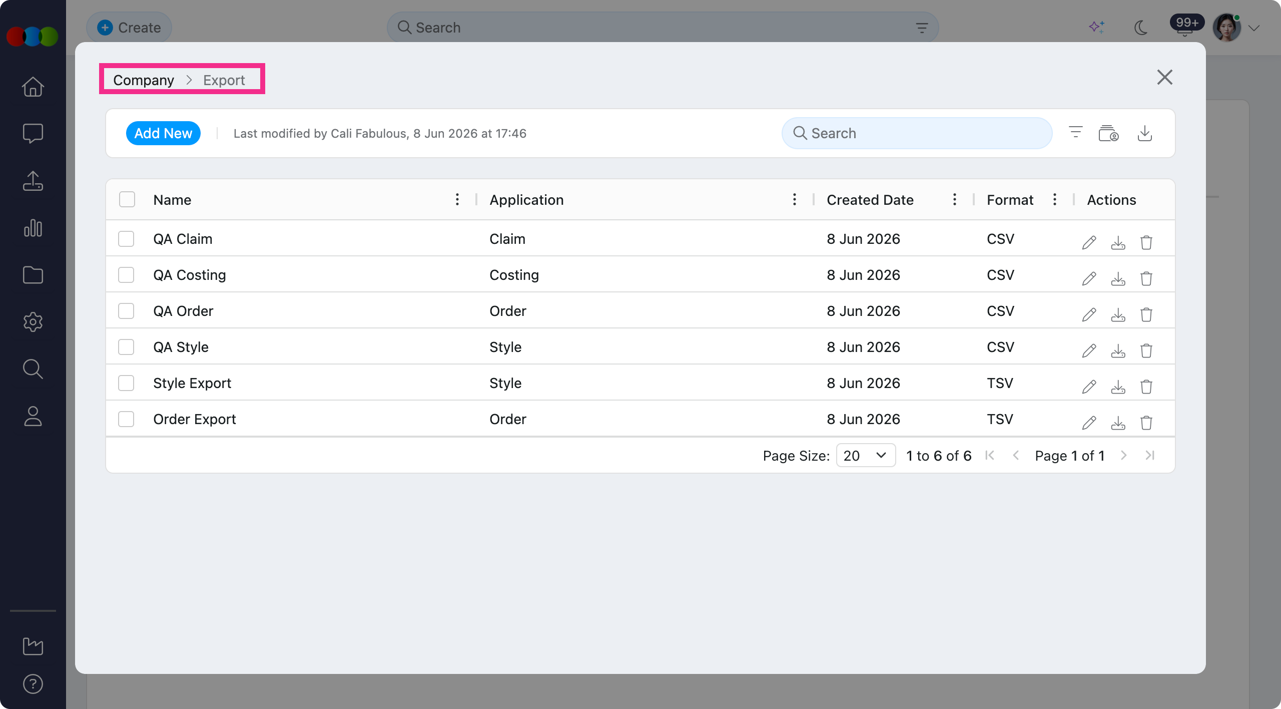 Site Settings > Company > Export