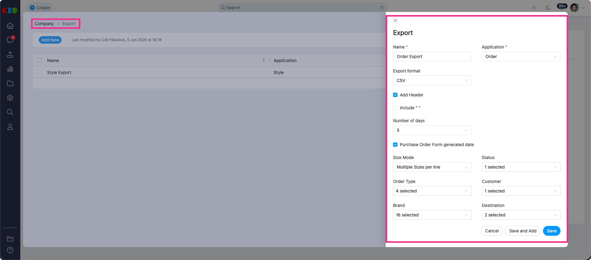 Site Settings > Company > Export