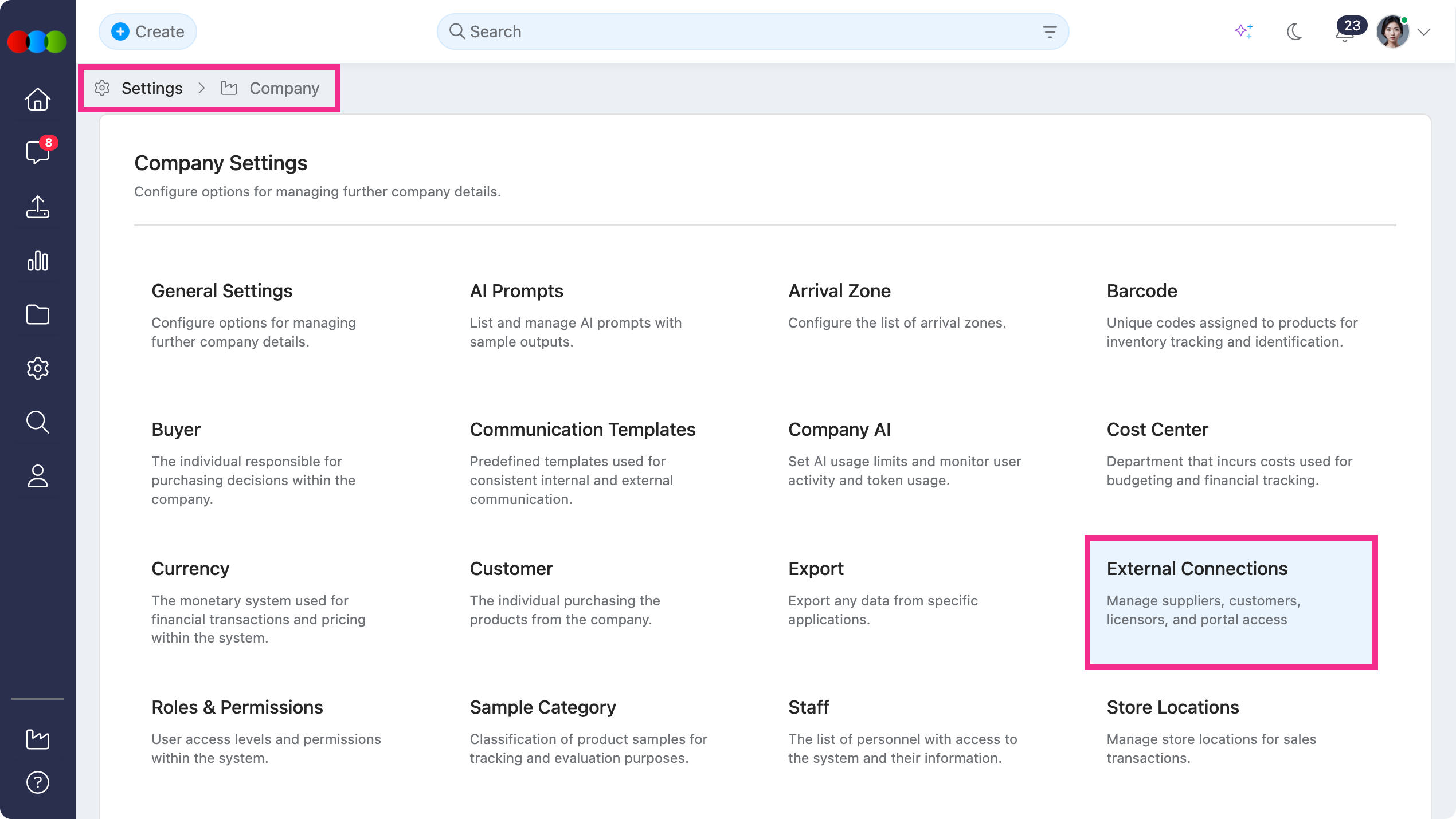 Site Settings > Company > External Connections