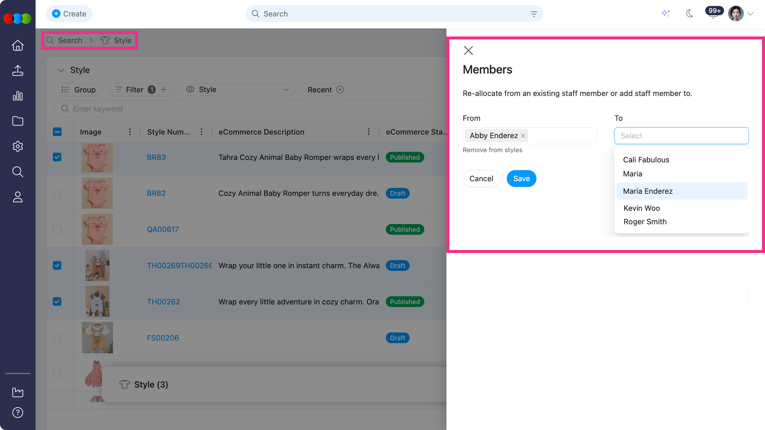Style > Search > Actions > Members Pop-up
