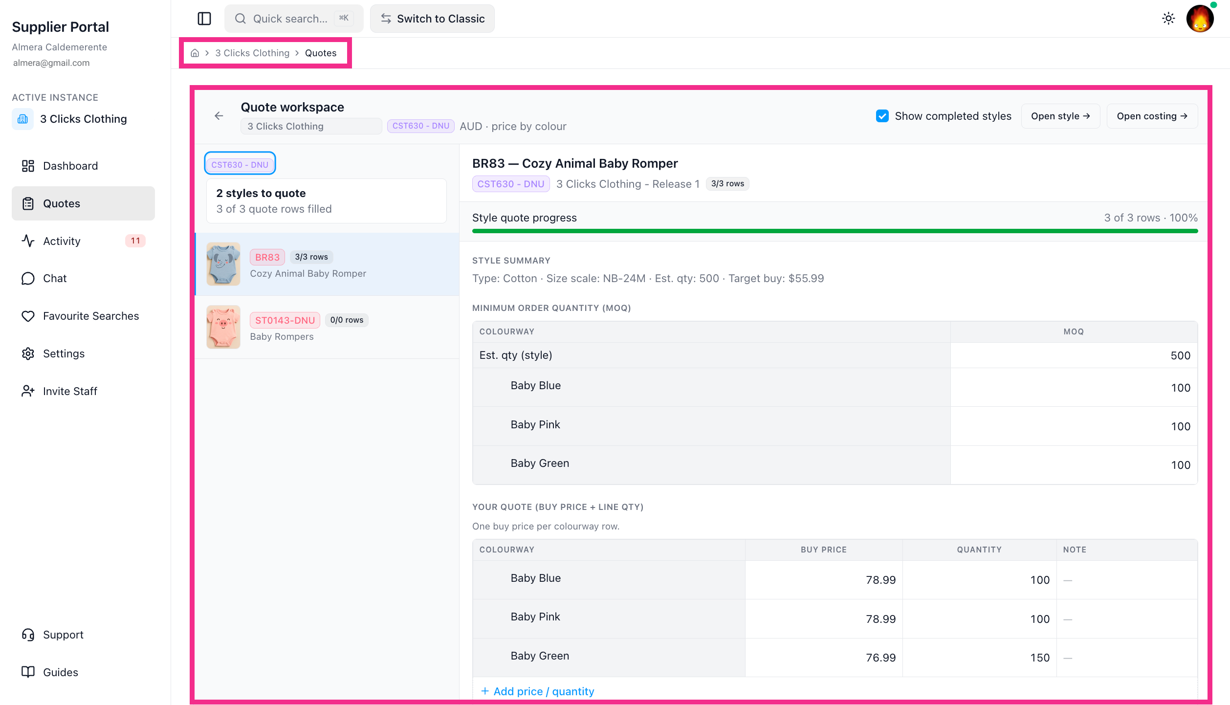Supplier Portal > Dashboard
