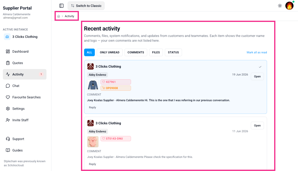 Supplier Portal > Recent Activity