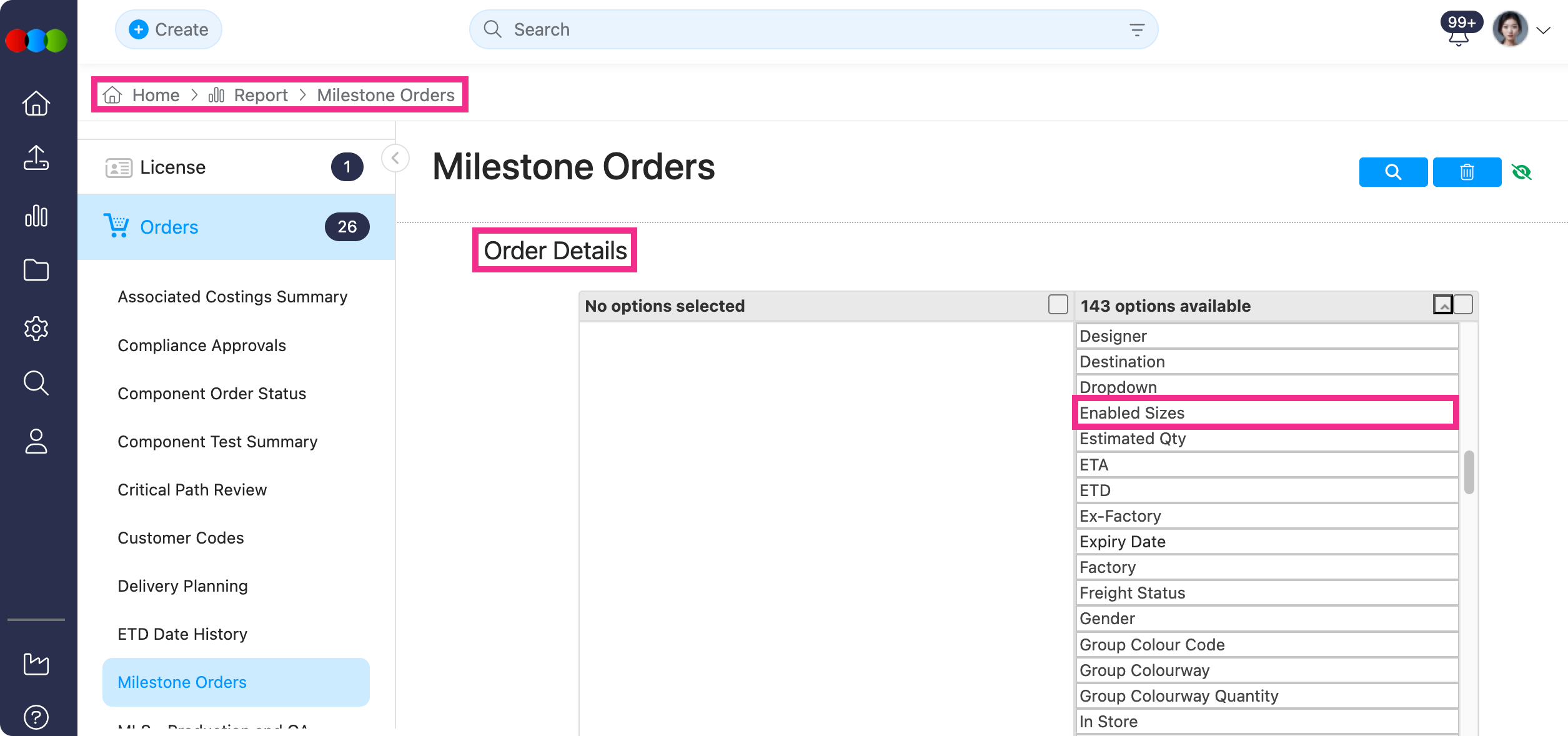 Milestone Orders > Order Details > Enabled Sizes