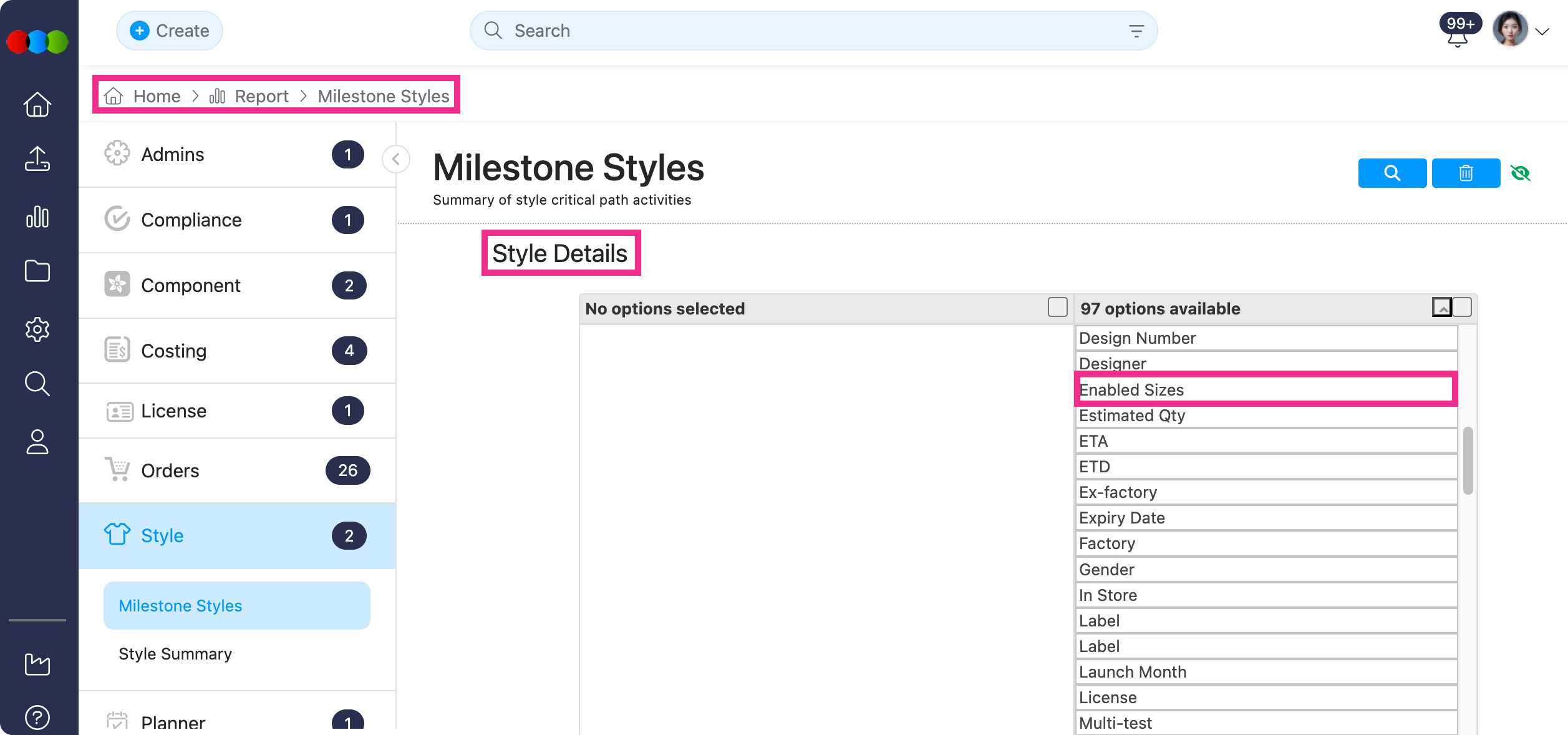 Milestone Styles > Style Details > Enabled Sizes