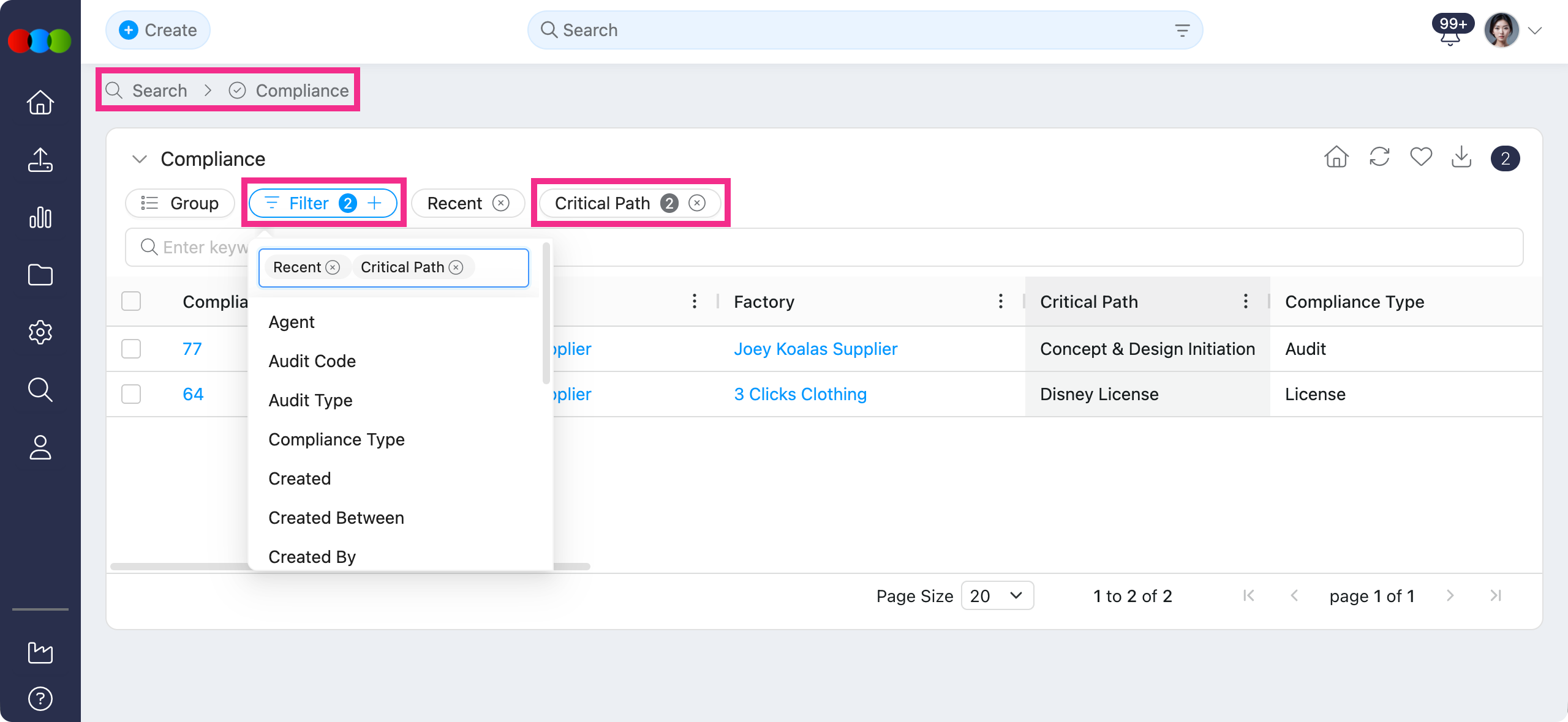 Compliance Search > Filter > Critical Path