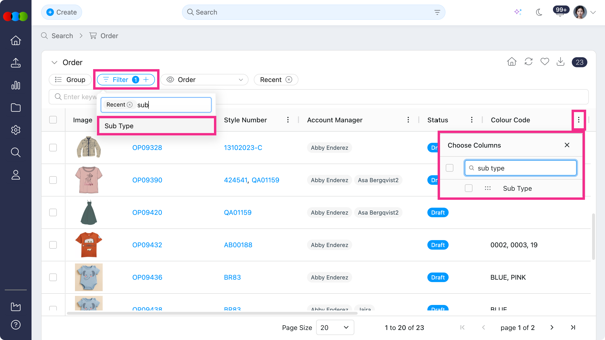 Order Search > Filter and Columns