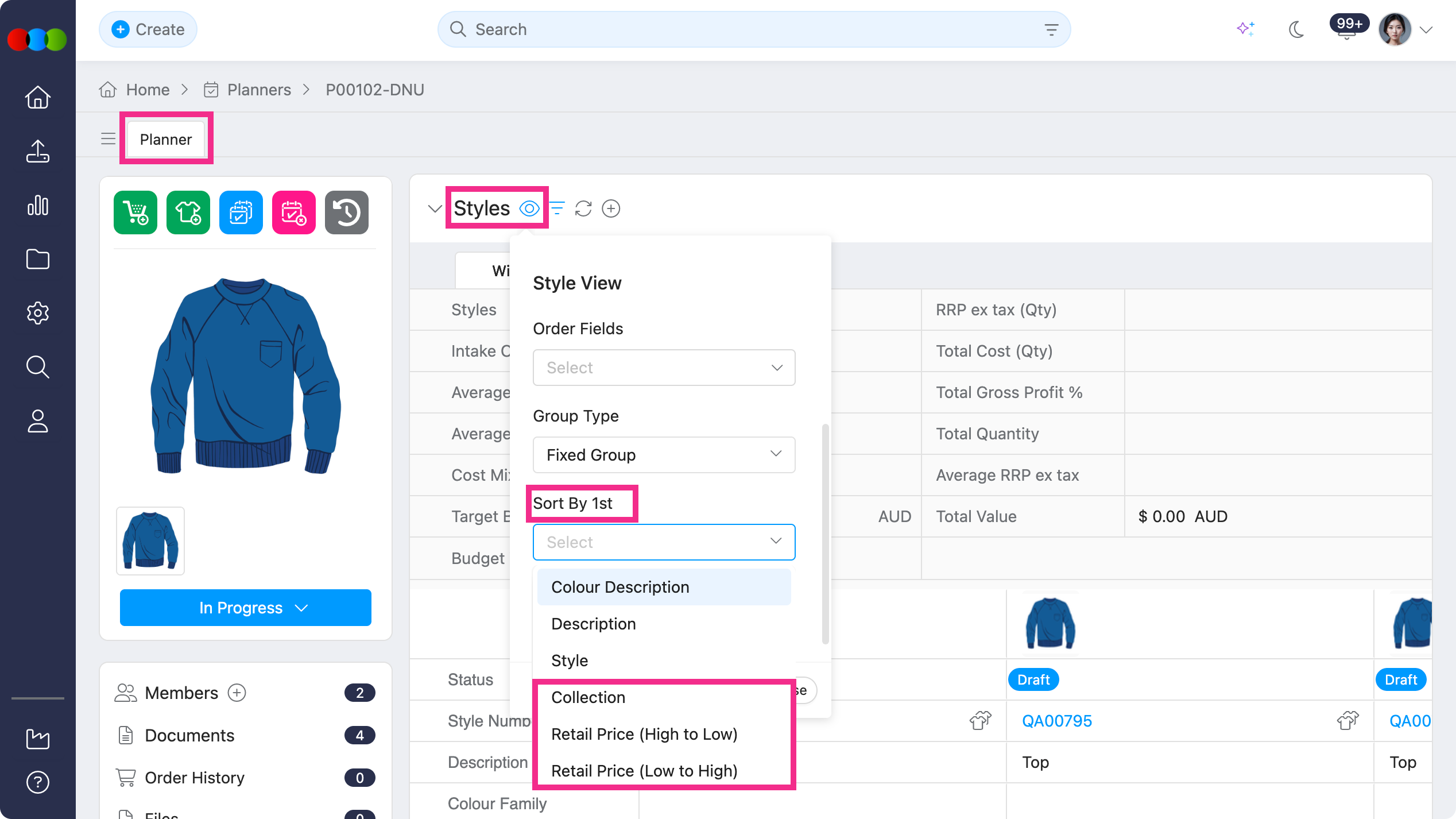 Planner > Styles > View > Sort By