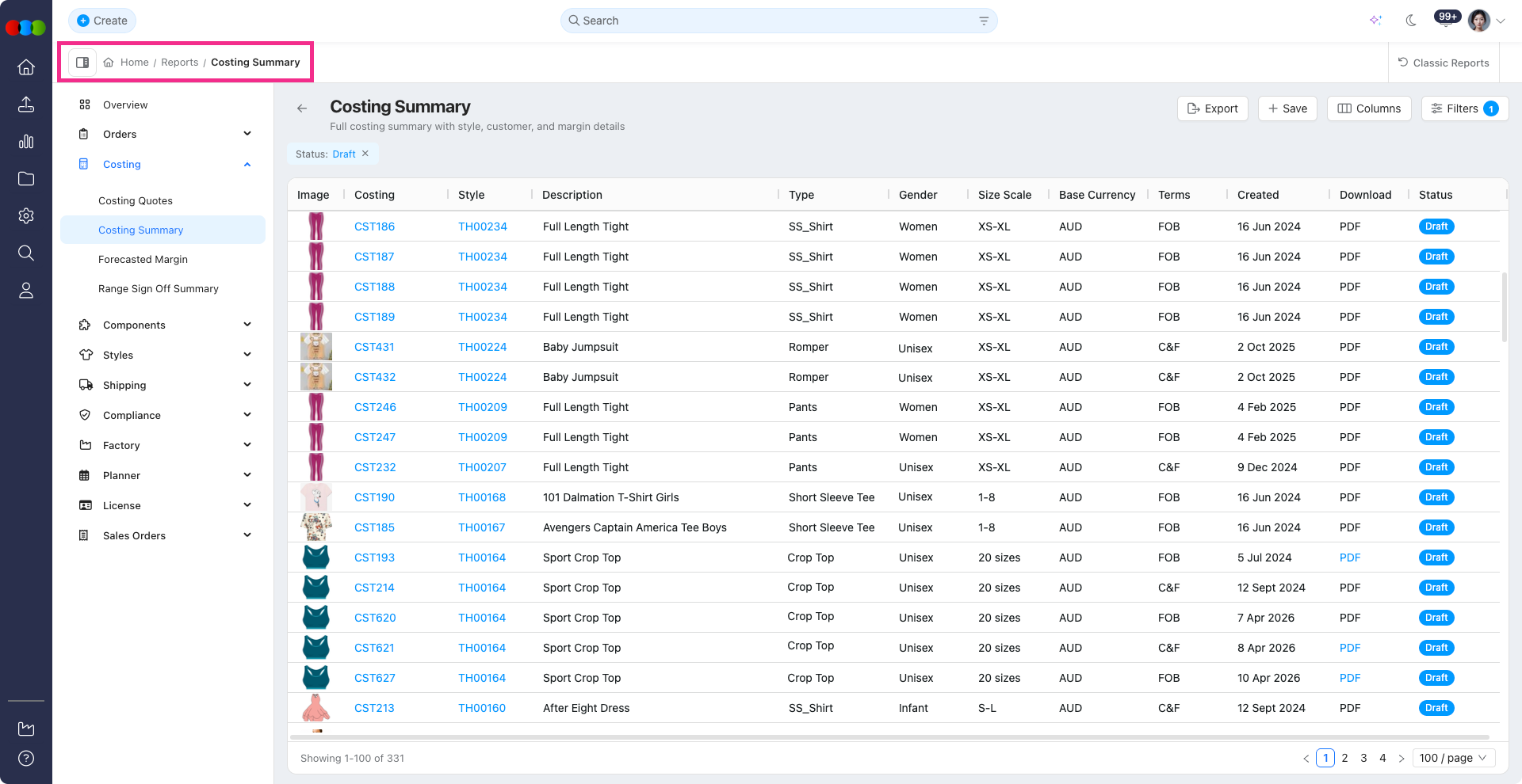 Costing Application Reports > Overview
