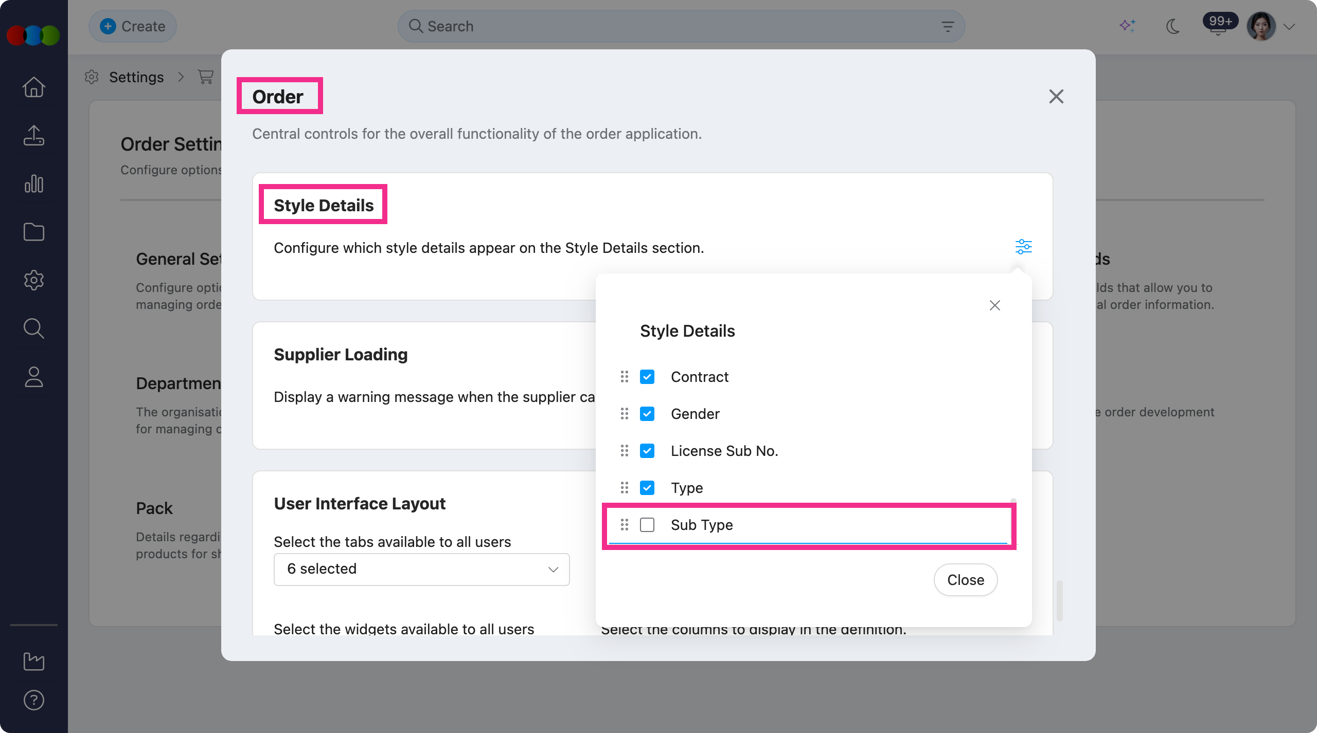 Site Settings > Order > General Settings > Style Details