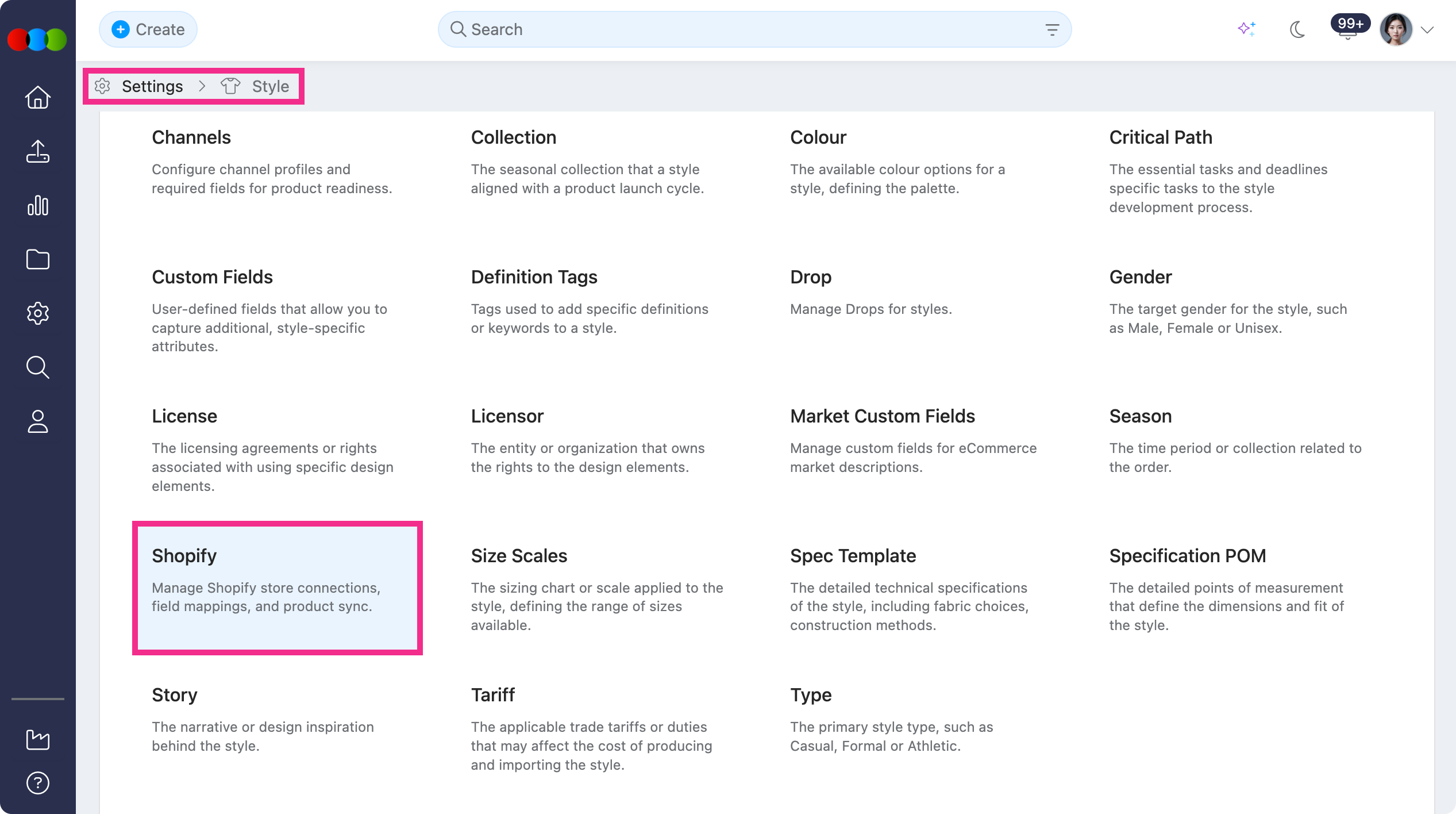 Site Settings > Style > Shopify