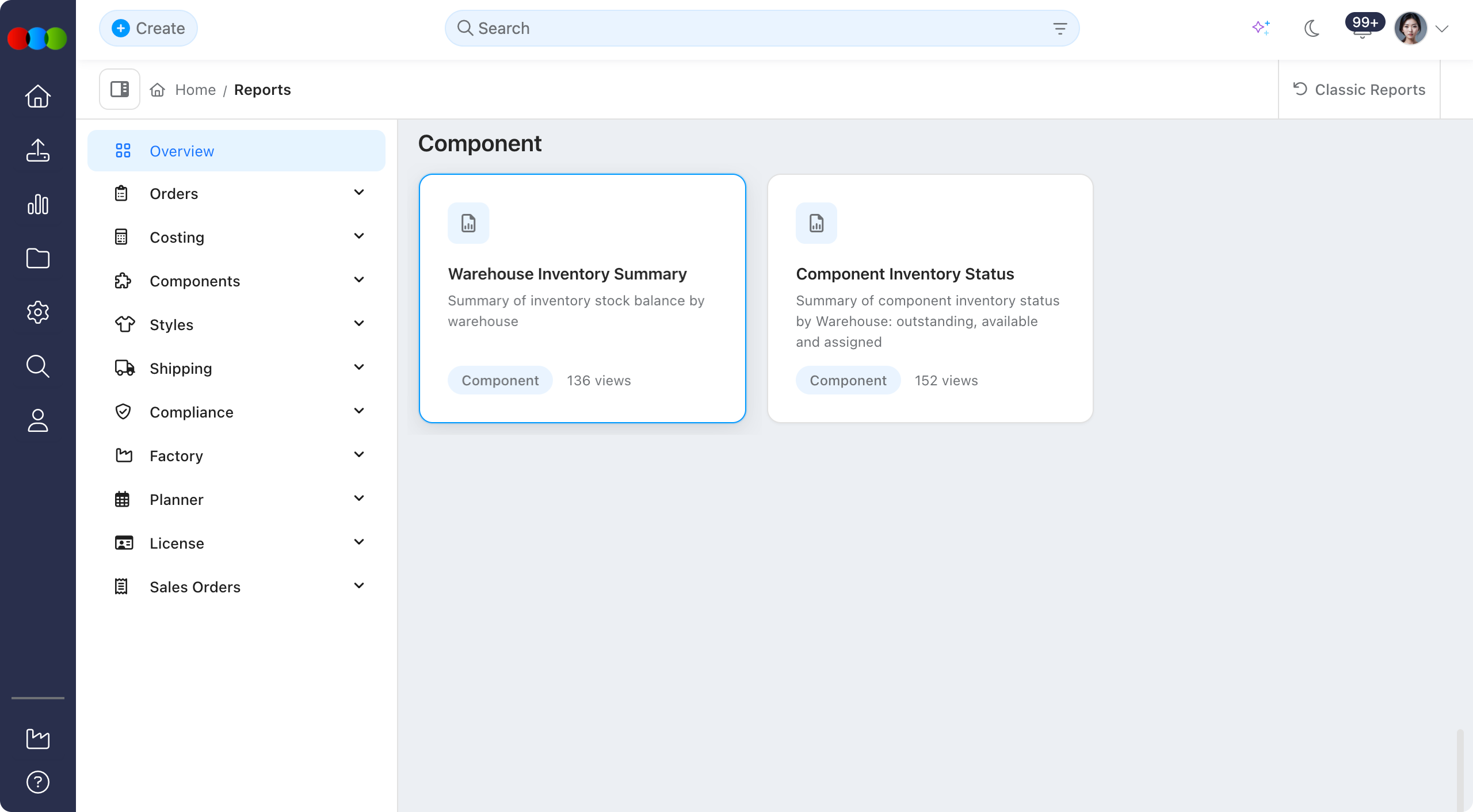 Reports > Component > Warehouse Inventory Summary