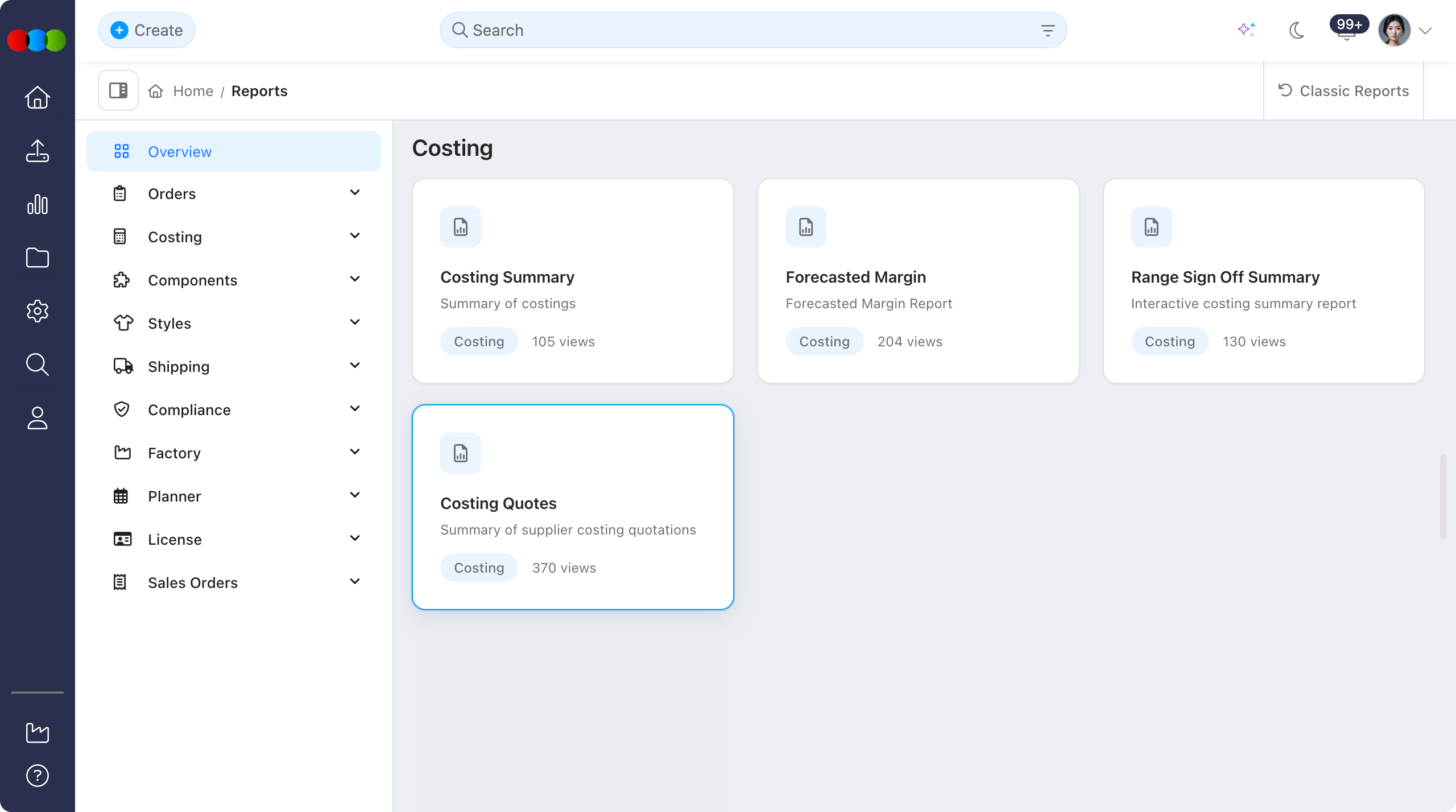 Reports > Costing > Costing Quotes