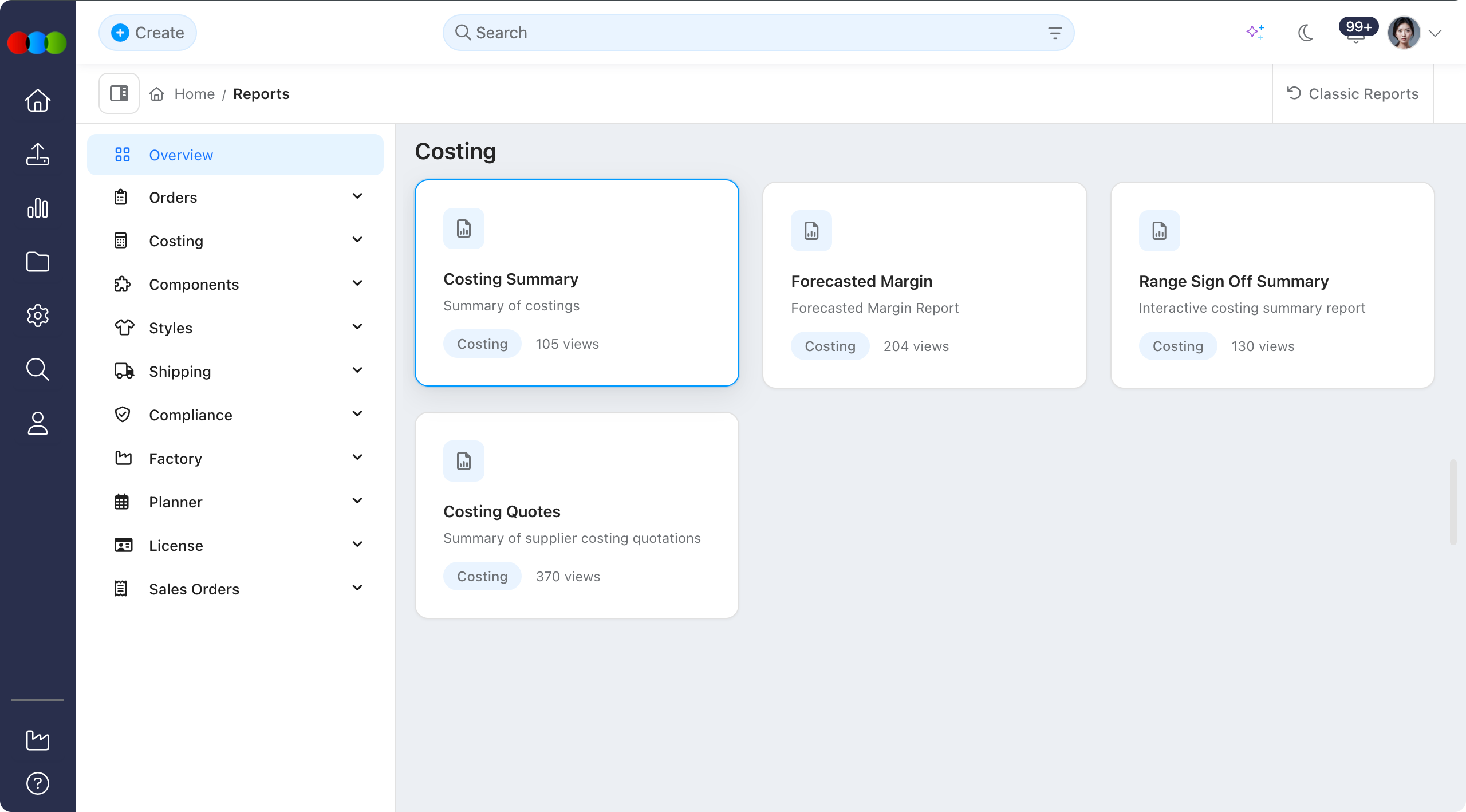Reports > Costing > Costing Summary