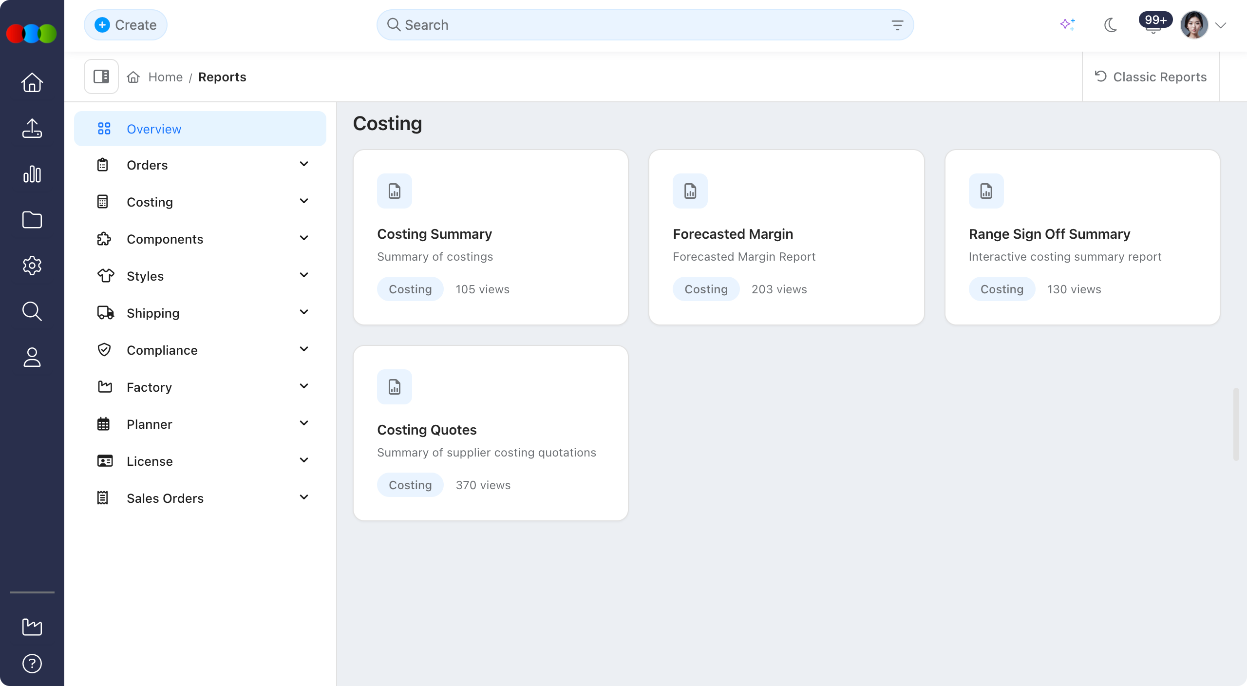 Reports > Costing > Overview
