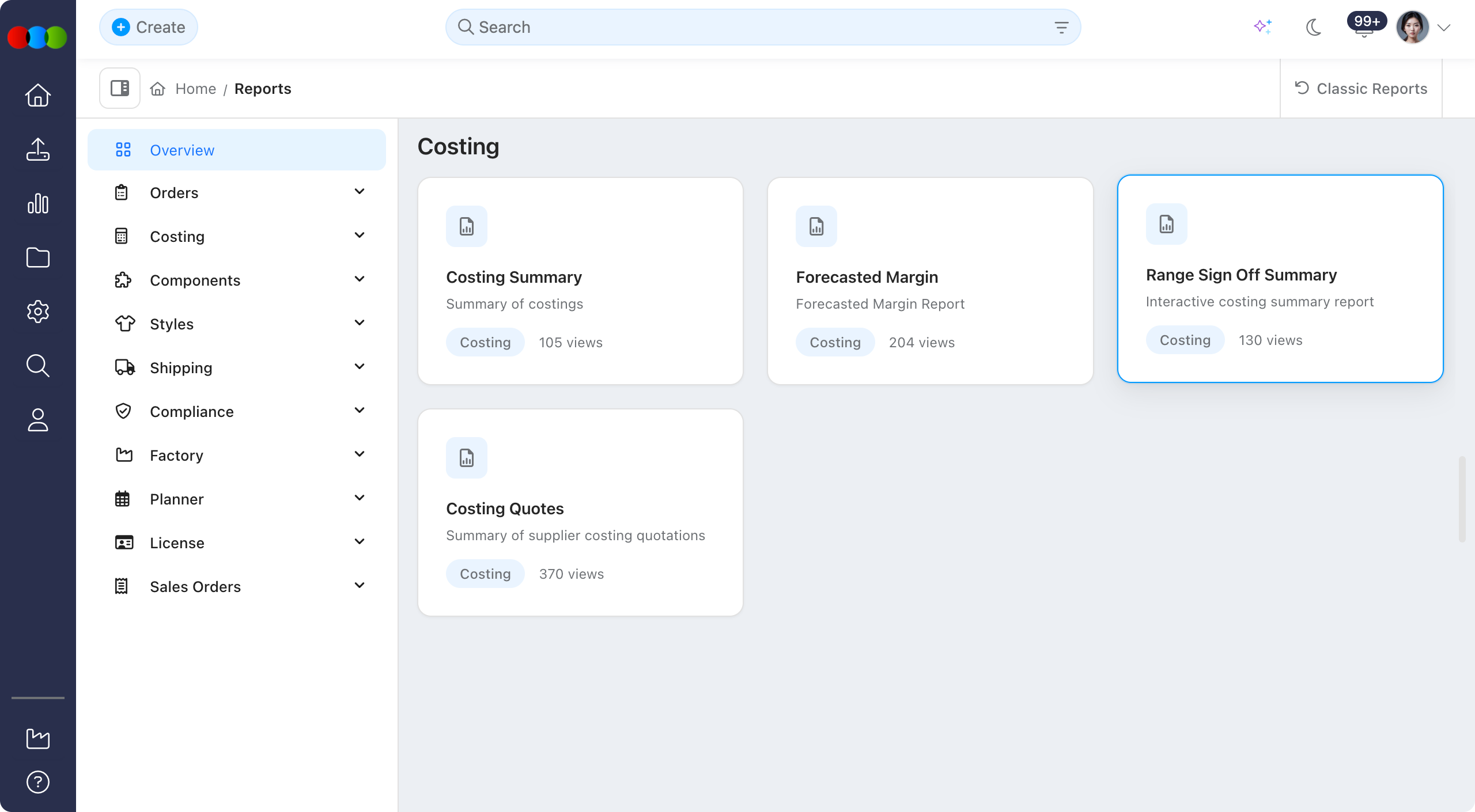 Reports > Costing > Range Sign Off Summary