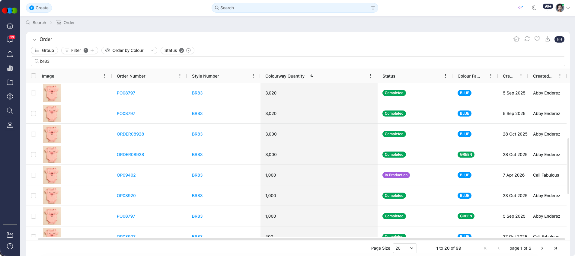 Order Search > Order by Colour view