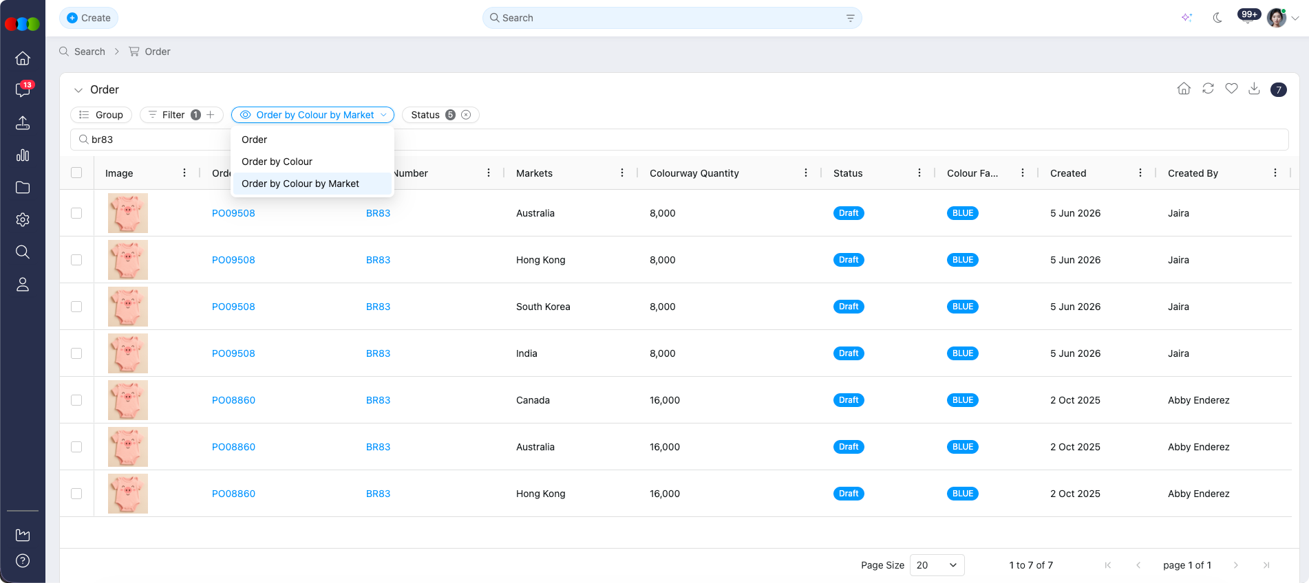 Order Search > Order by Colour by Market view