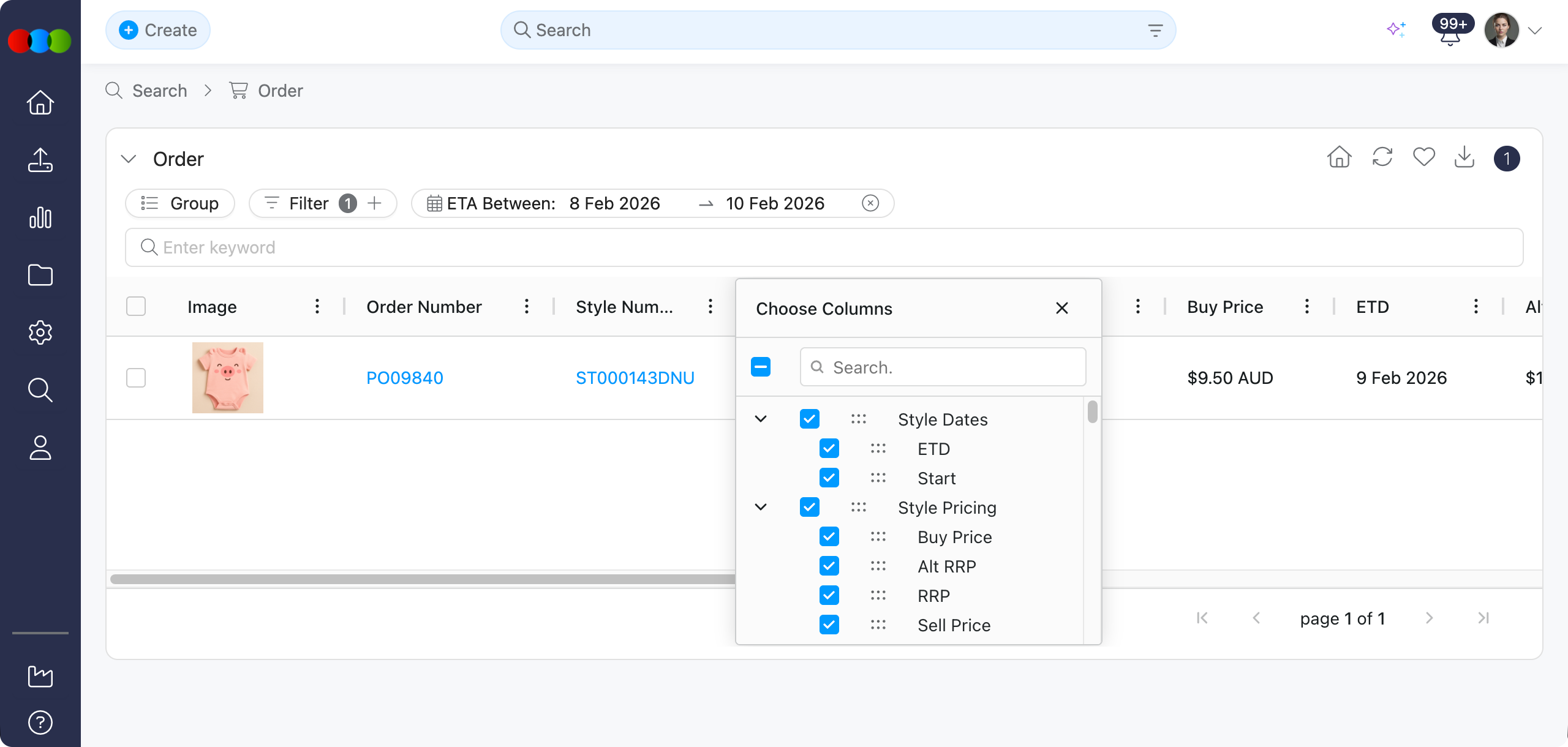 Search > Order > Choose Columns