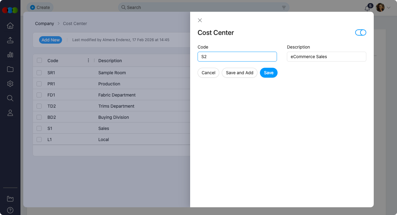 Add Cost Centre