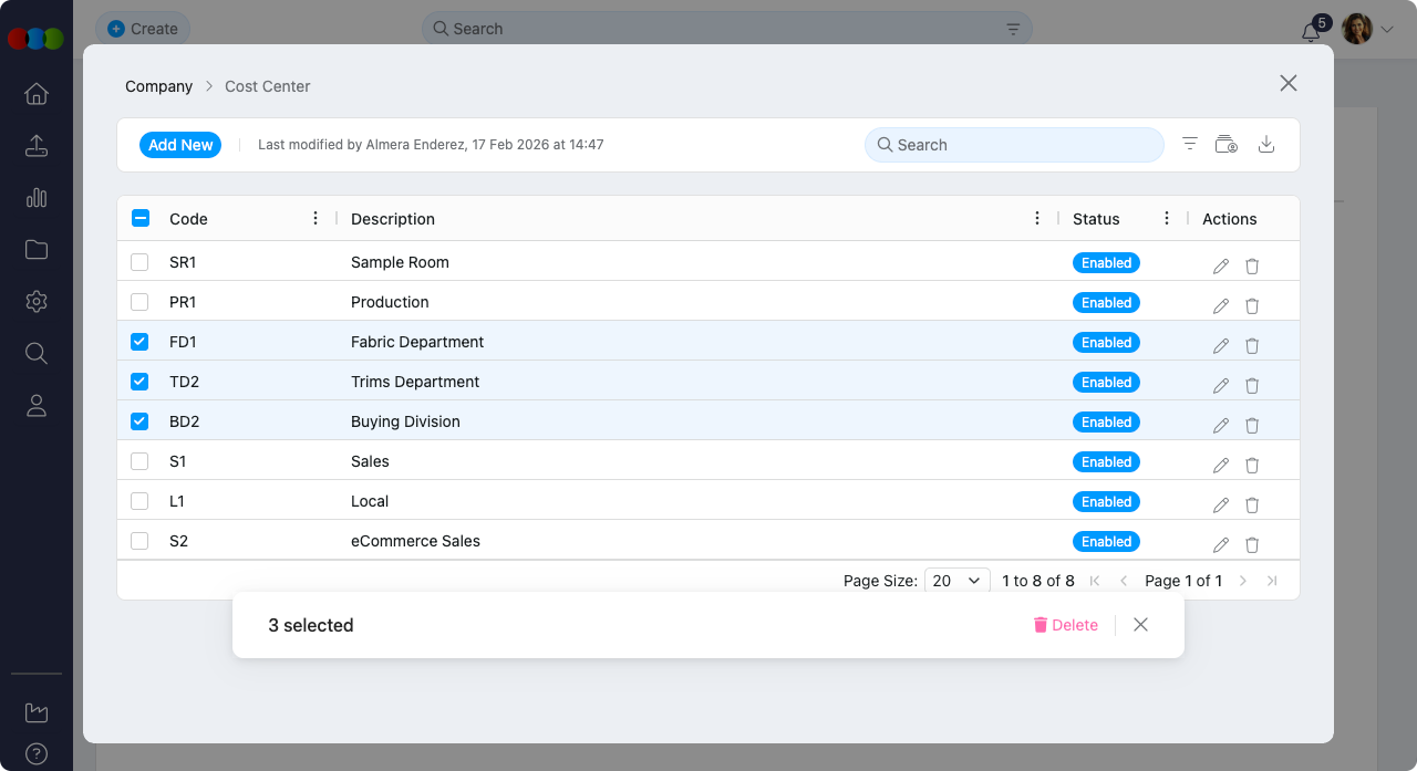Bulk Delete Cost Centre
