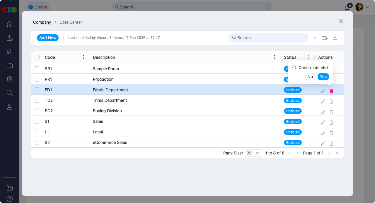 Single Delete Cost Centre