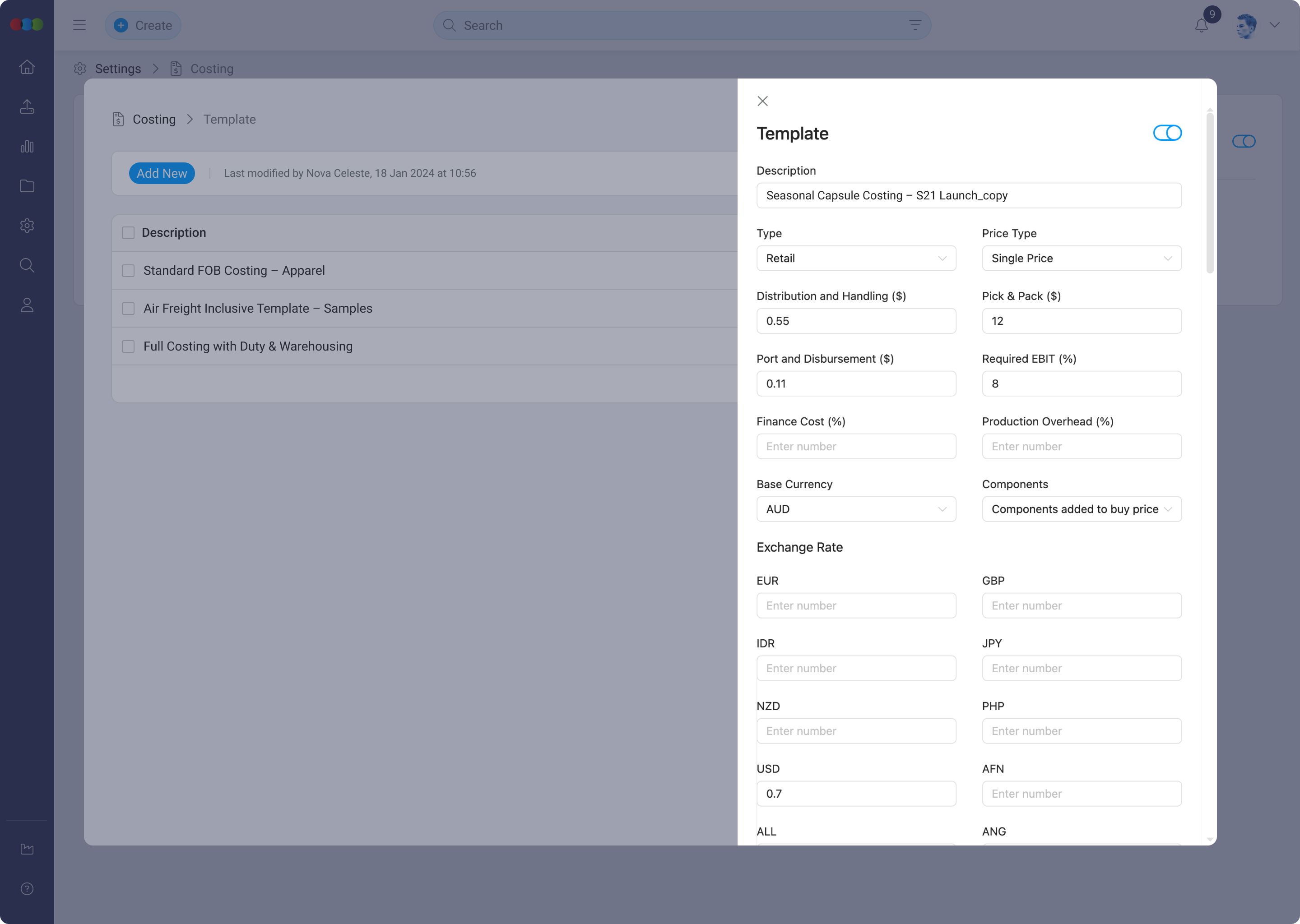 Add or Edit Costing Template