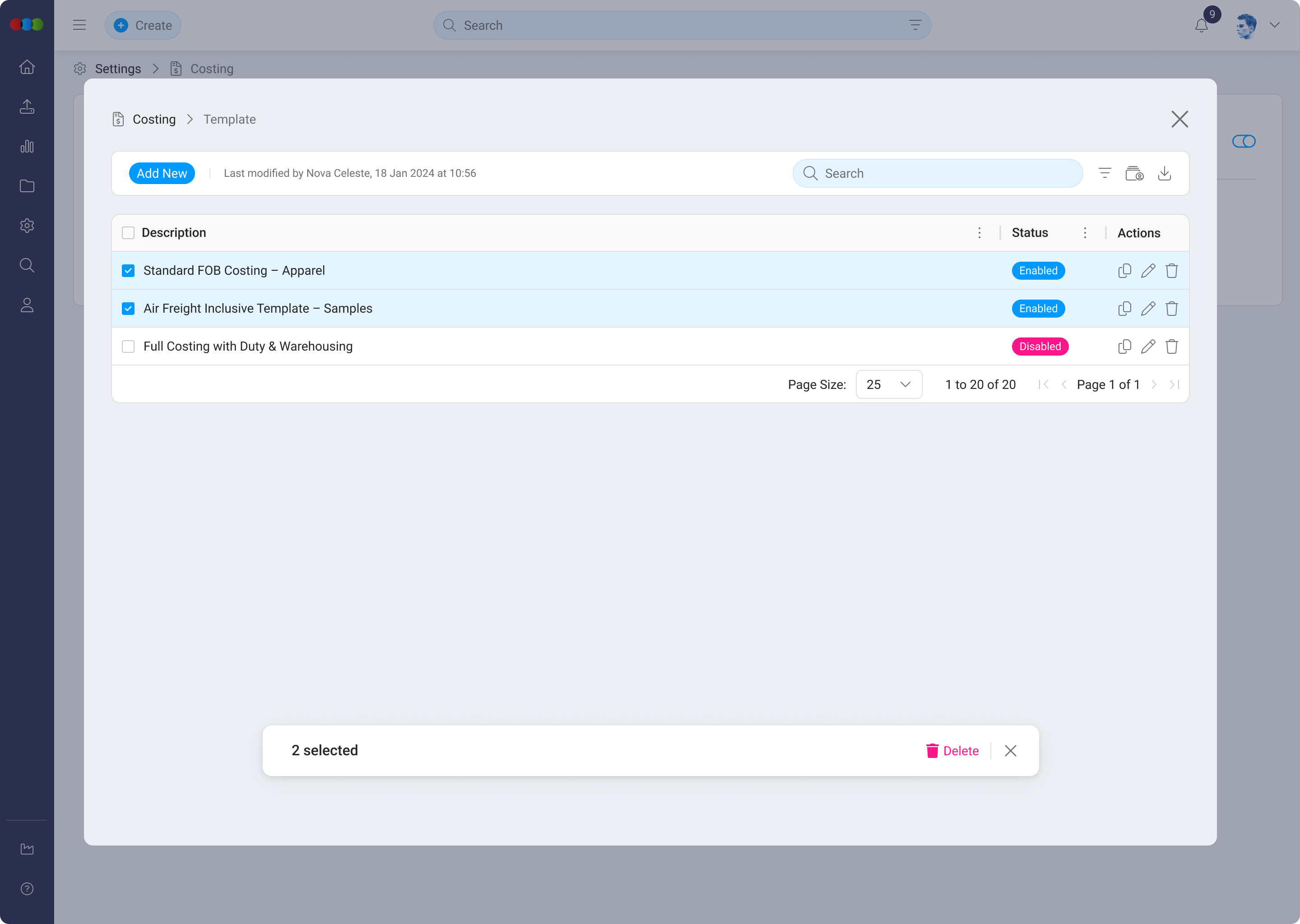 Bulk Delete Costing Template