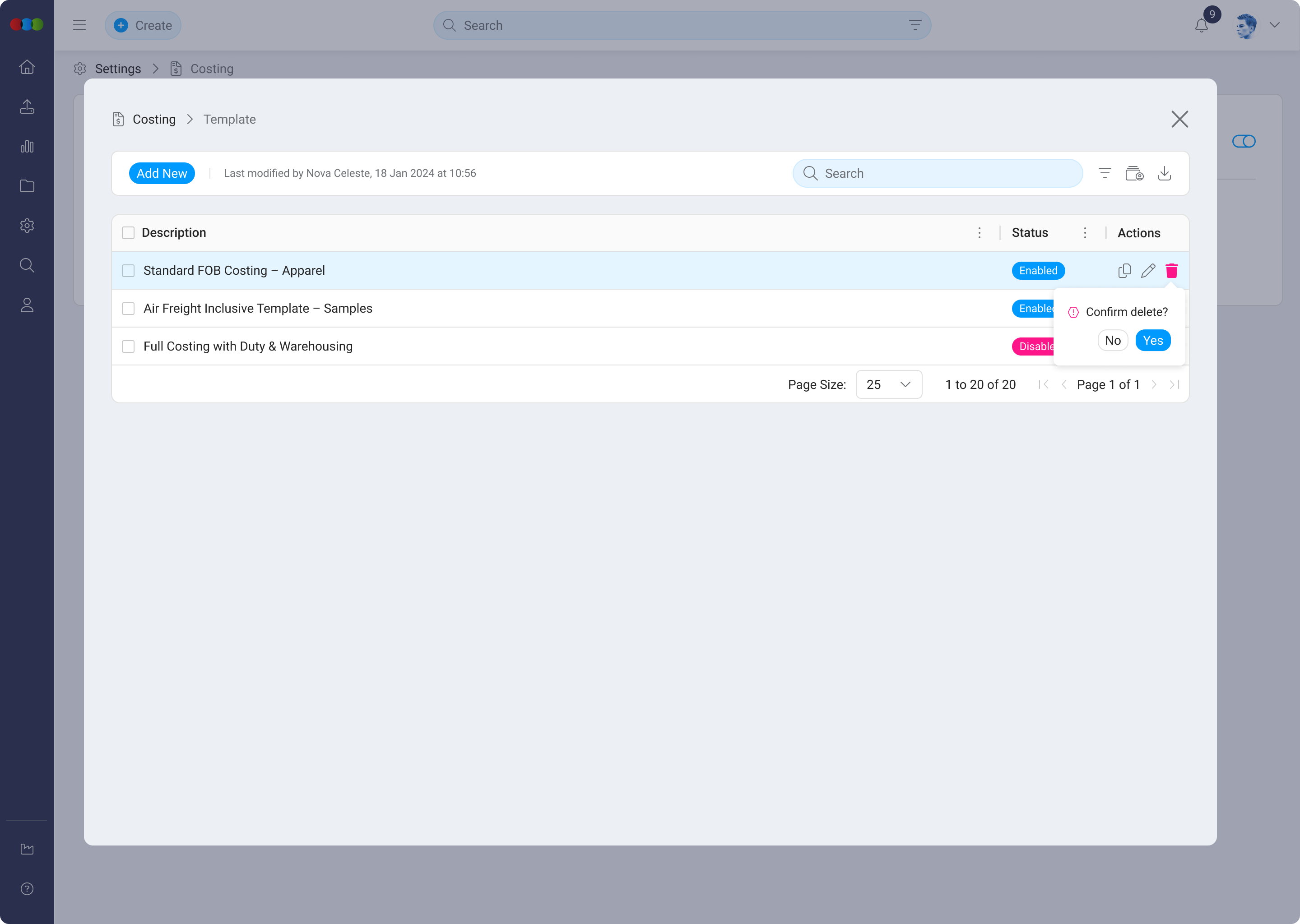 Single Delete Costing Template