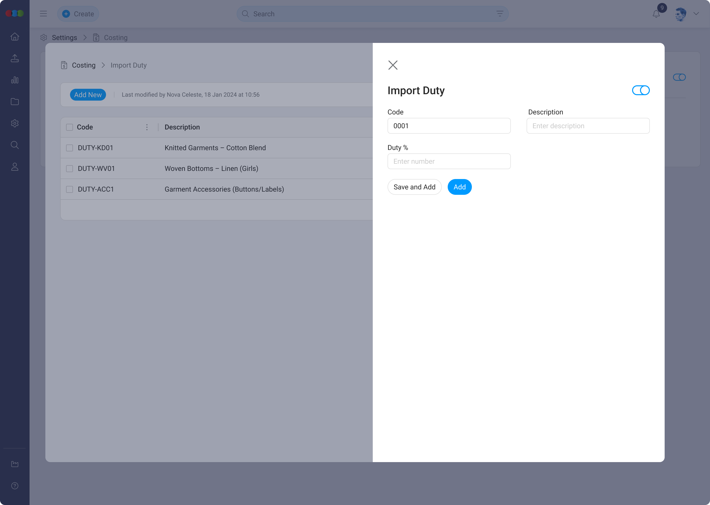 Add or Edit Import Duty