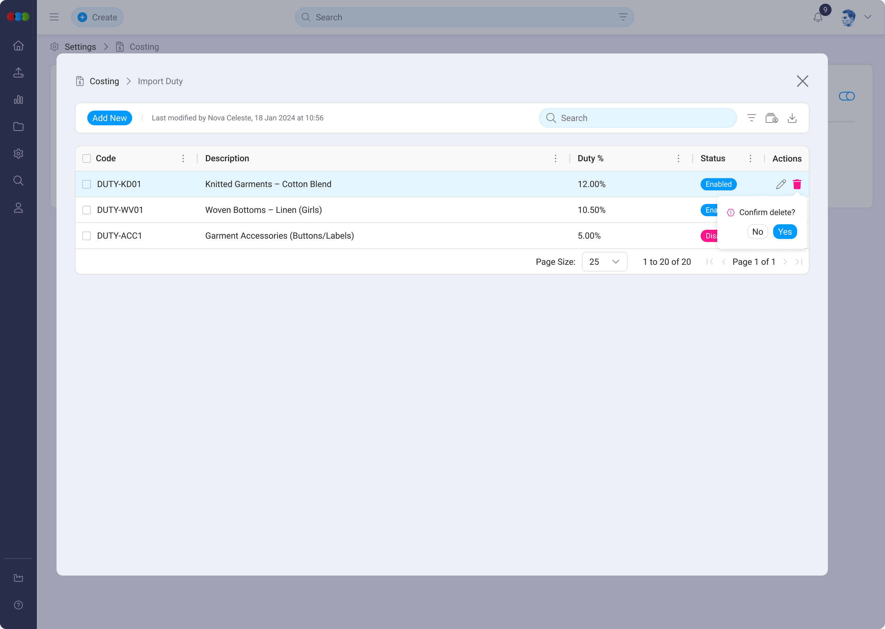 Single Delete Import Duty