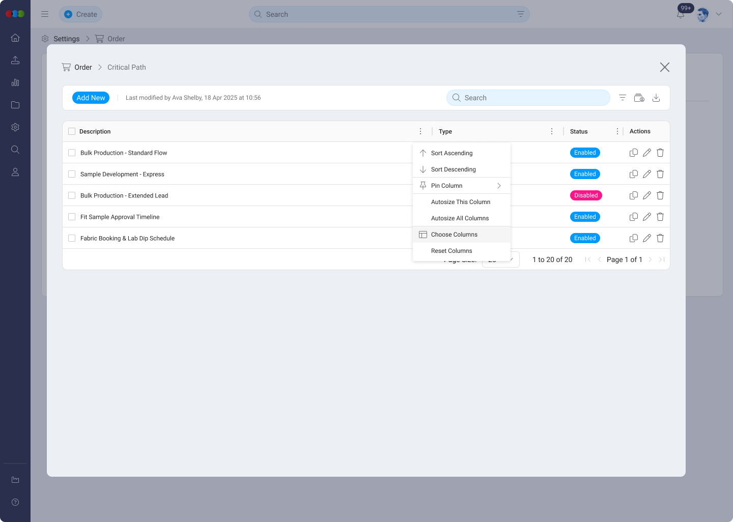 Customise Critical Path Table