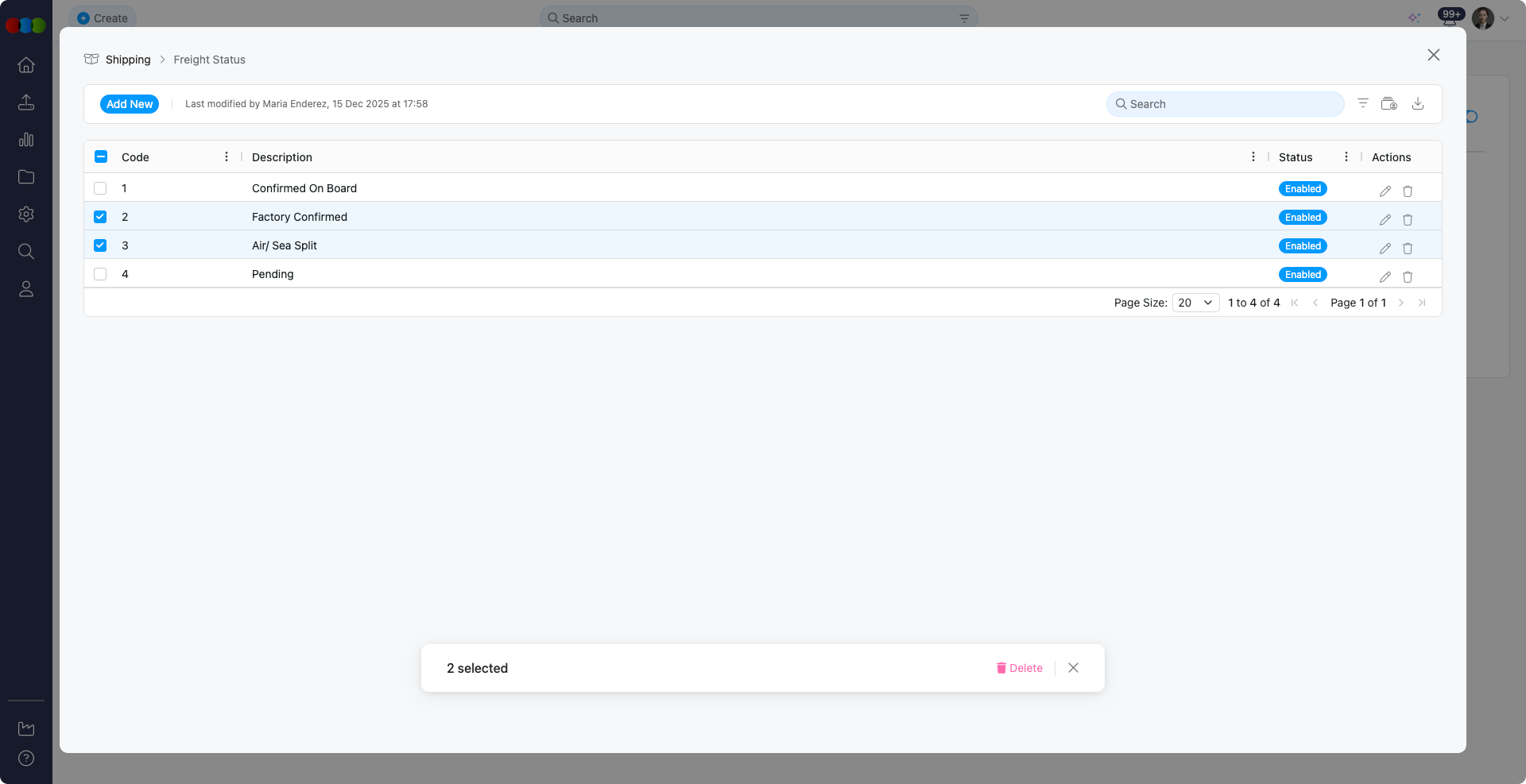 Bulk Delete Freight Status