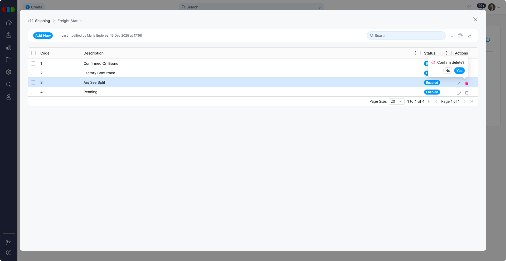 Single Delete Freight Status