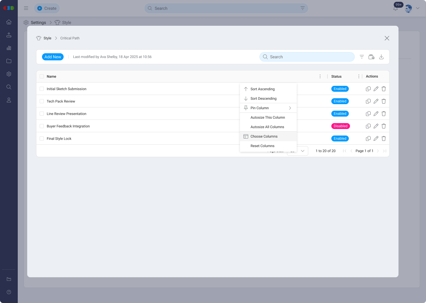 Customise Critical Path Table