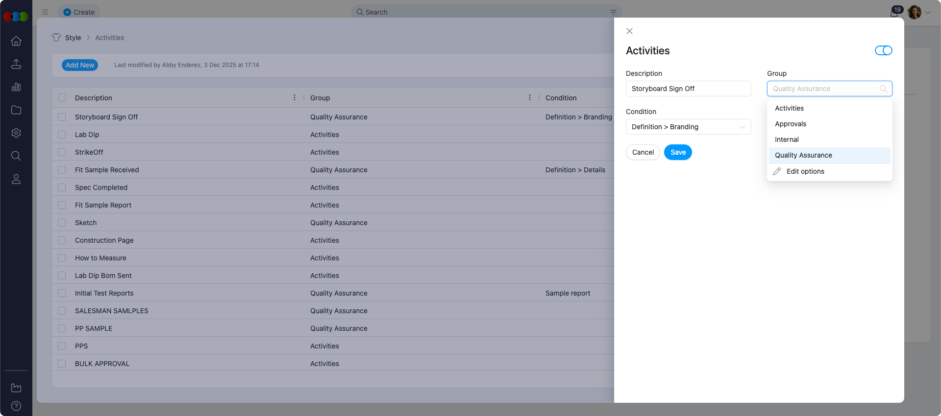 Site Settings > Style > Activities > Group