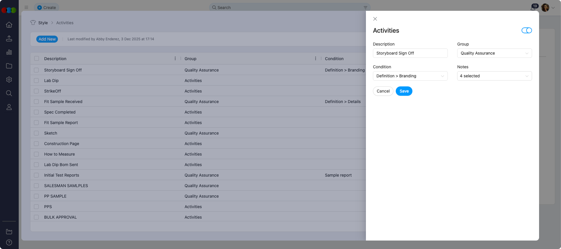 Style > Activities Pop-up