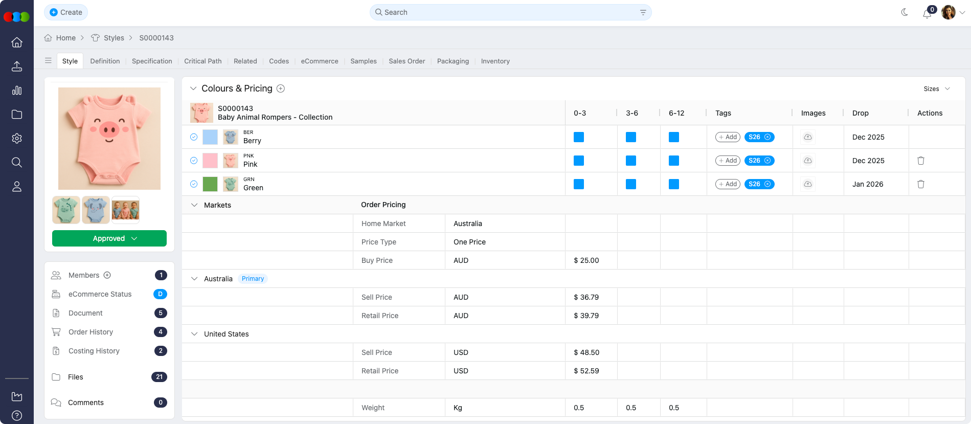 Style > Colours and Pricing > One Price View