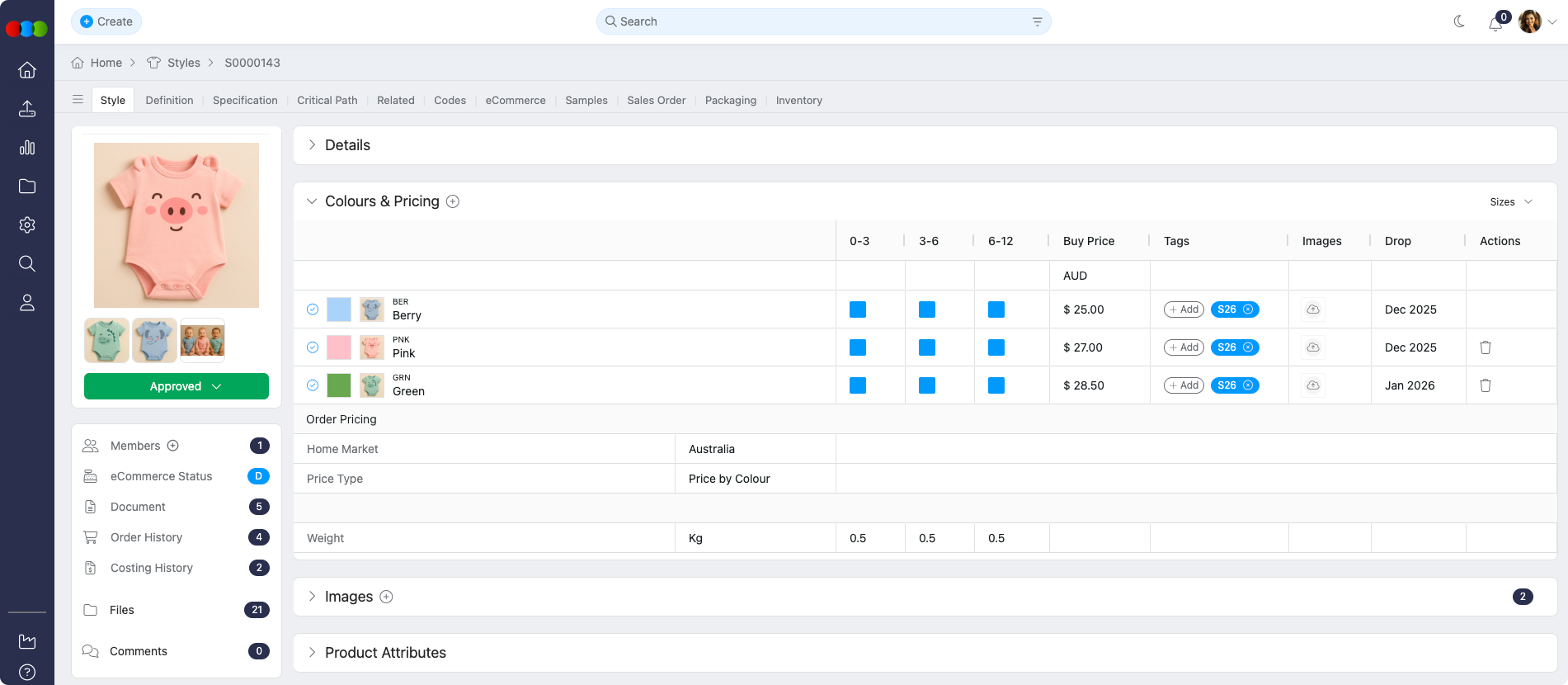 Style > Colours and Pricing > Price by Colour