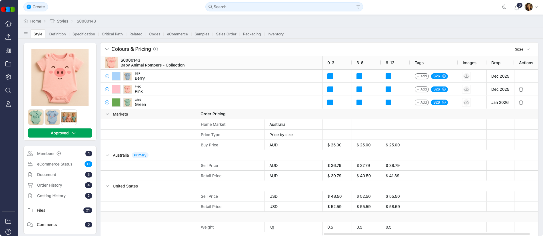 Style > Colours and Pricing > Price by Size
