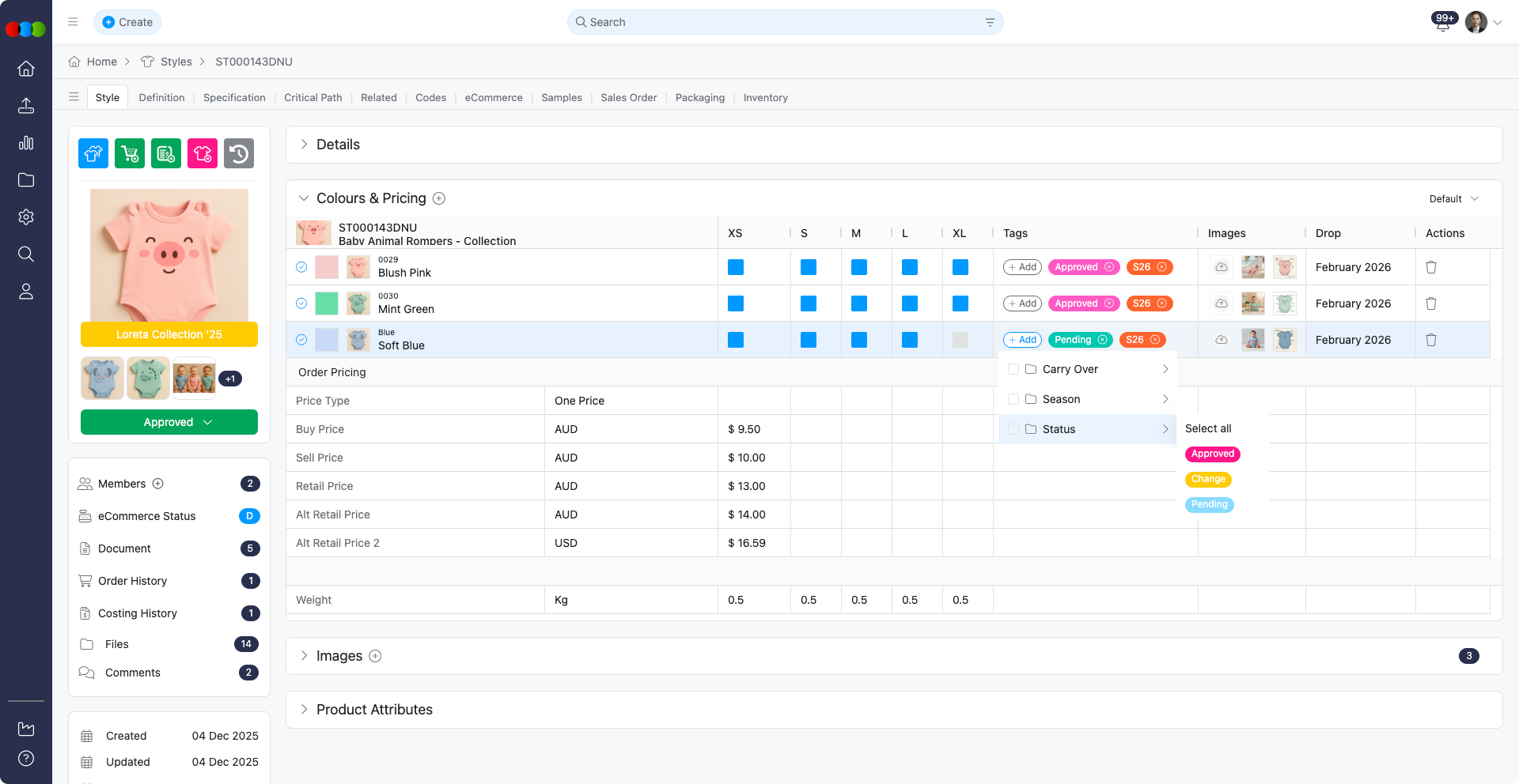 Style > Colours & Pricing > Tags