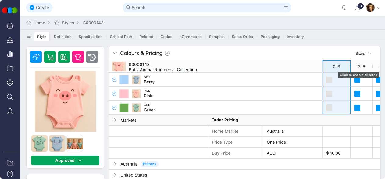 Style > Colours & Pricing > Enable or disable sizes