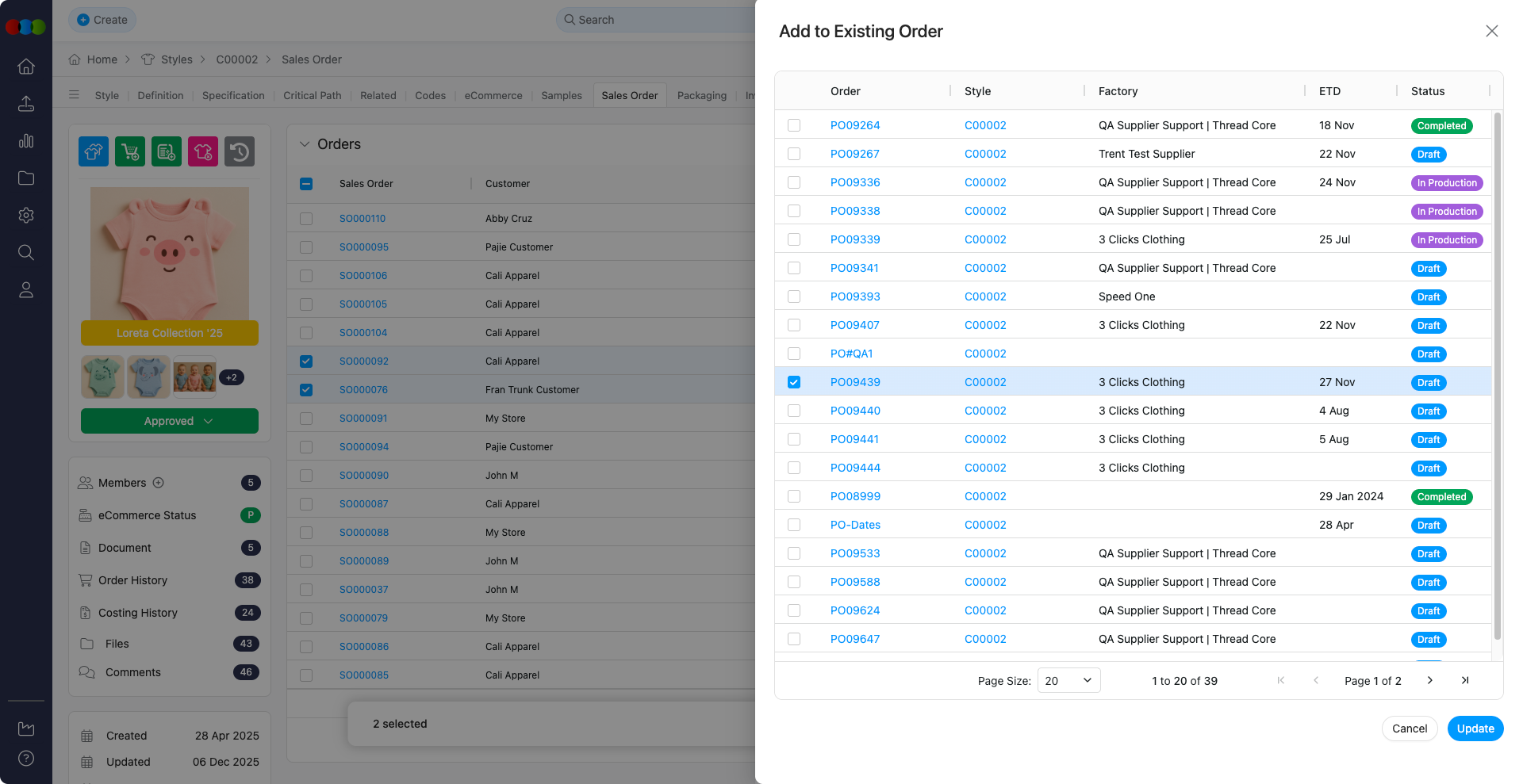 Add to Existing Order pop-up