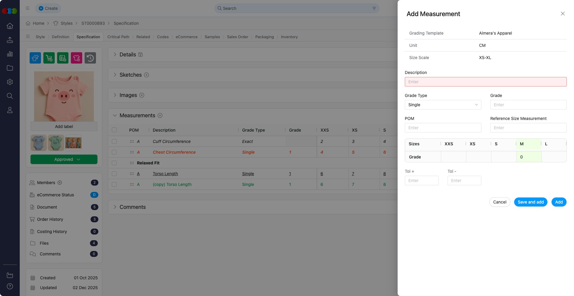 Add Measurement Pop-up