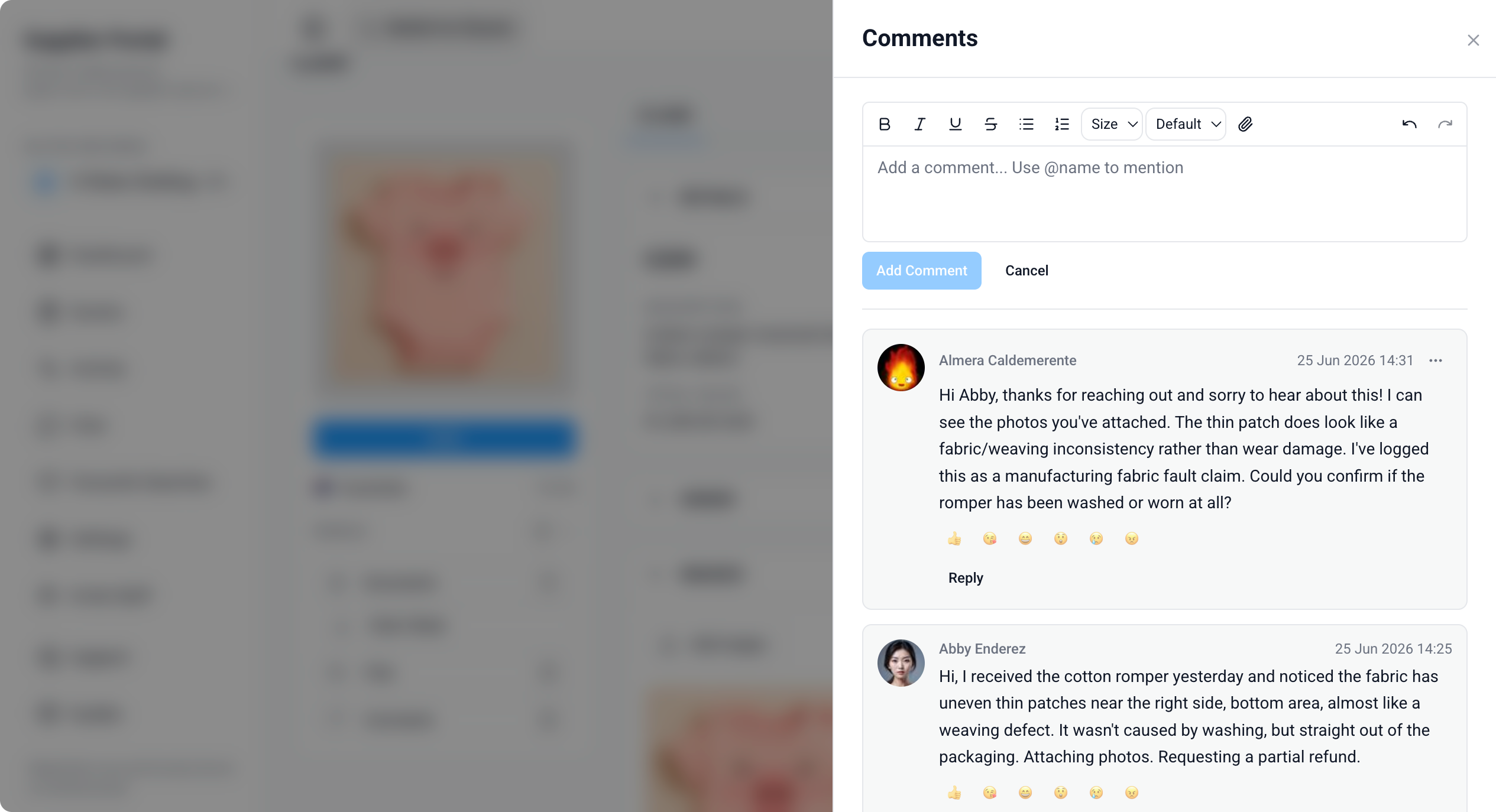 Supplier Portal > Claim > Comments