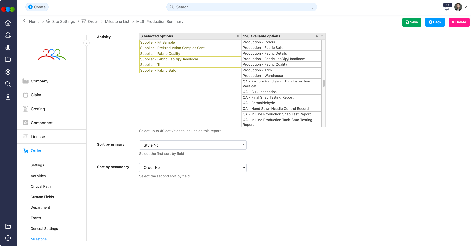 Site Settings > Order > Milestone List > Activity