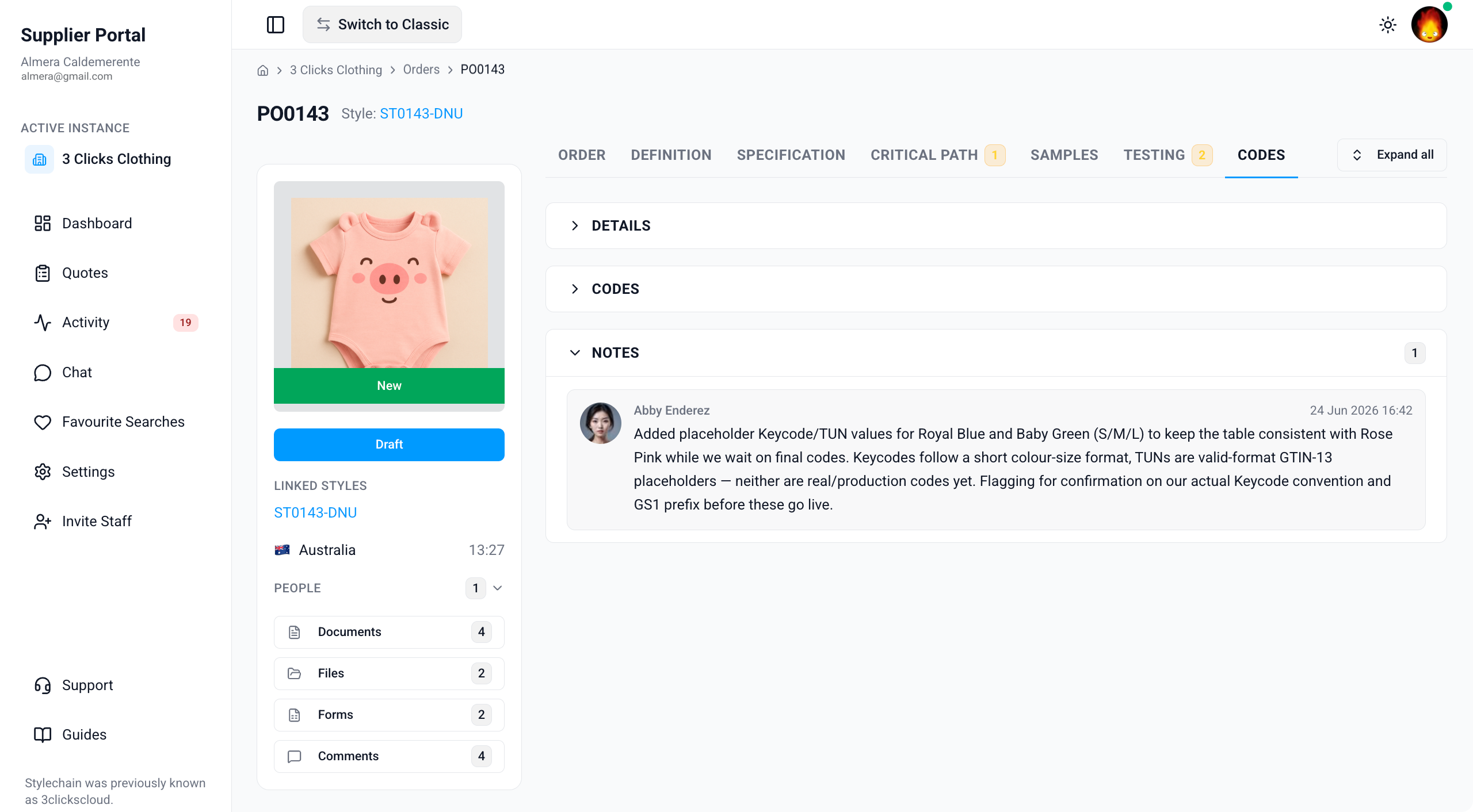 Supplier Portal > Order > Codes > Notes